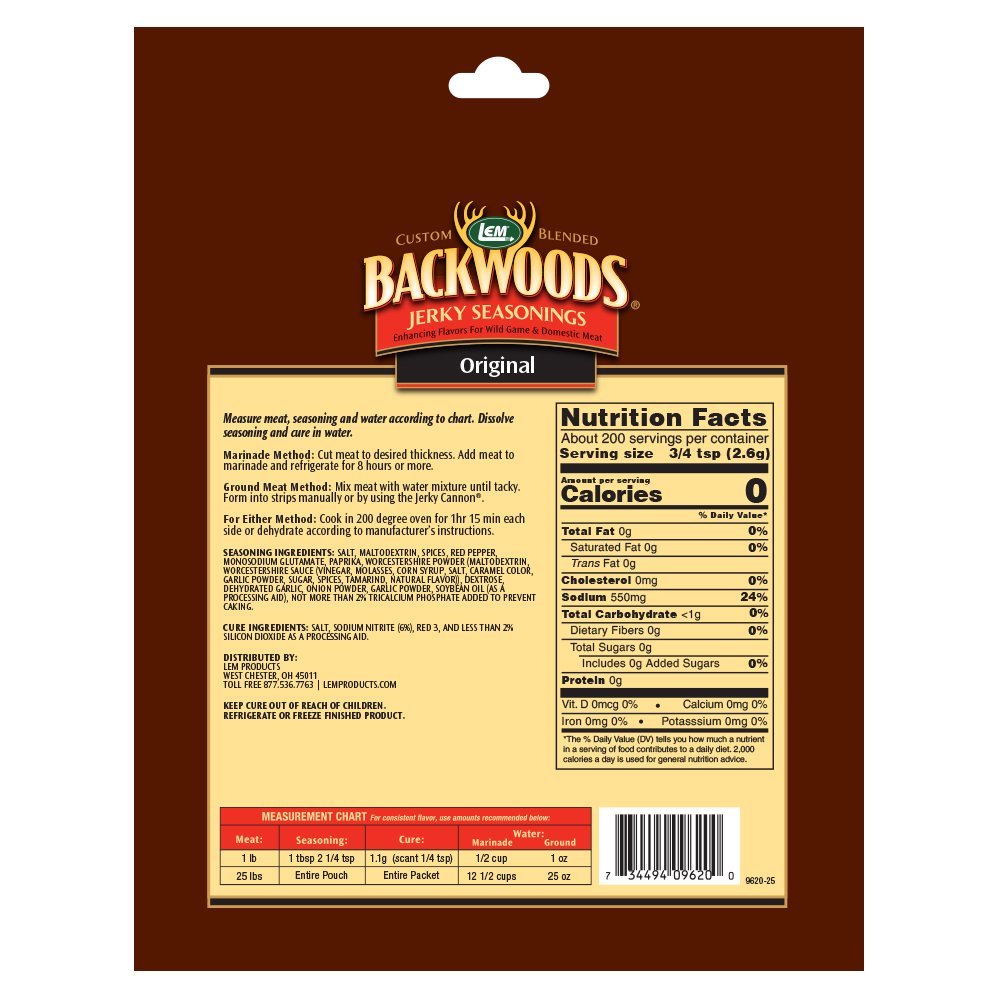 LEM Backwoods Original Jerky Seasoning, Ideal for Wild Game & Domestic Meat, 18.3 Ounce Packet with Cure Packet Included