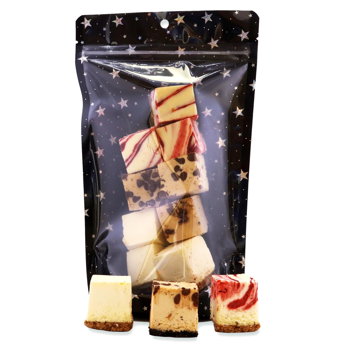 Freeze Dried Cheesecake Bites, 12 Crunchy Bites Made with Real Cream Cheese, Includes 4 New York Style, 4 Caramel Chocolate Chip