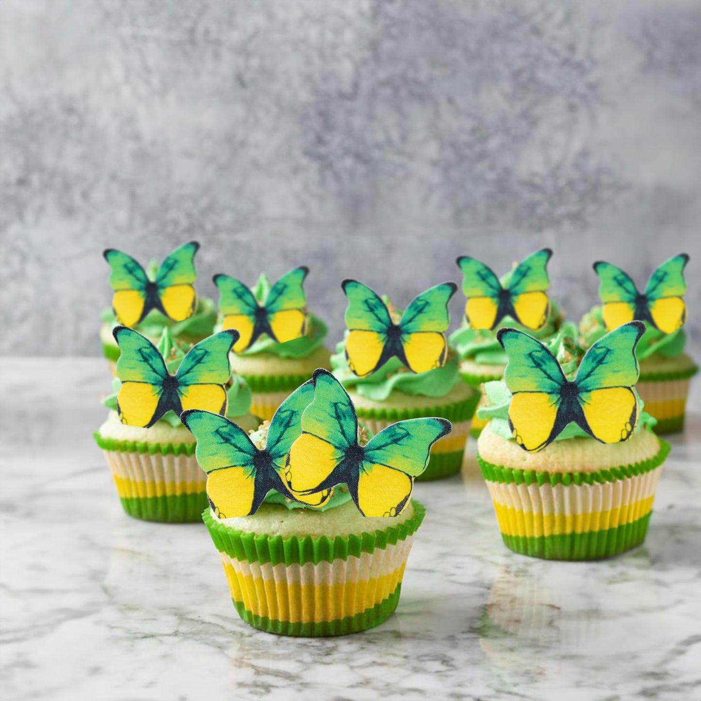 Ephlyn 48Pcs Edible 3D Butterfly Cupcake Toppers, Paper, 1.7in, Yellow Green, Baby Shower, Birthday Party Decorations