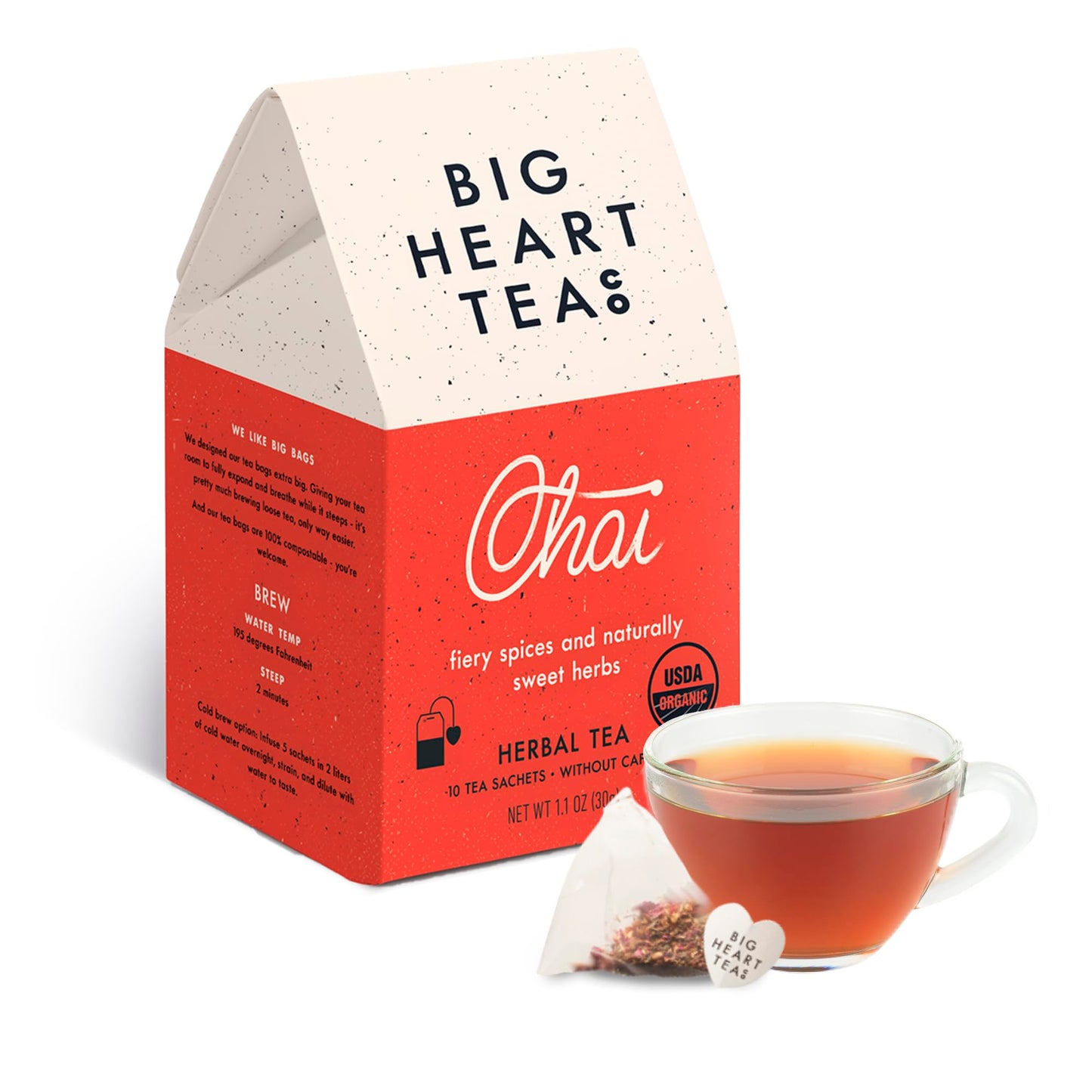Big Heart Tea Co. Tea Bags - Fiery Masala Chai - Certified Organic, Ayurvedic Herbal Decaf Tea with Small Batch Ground Sweet Her