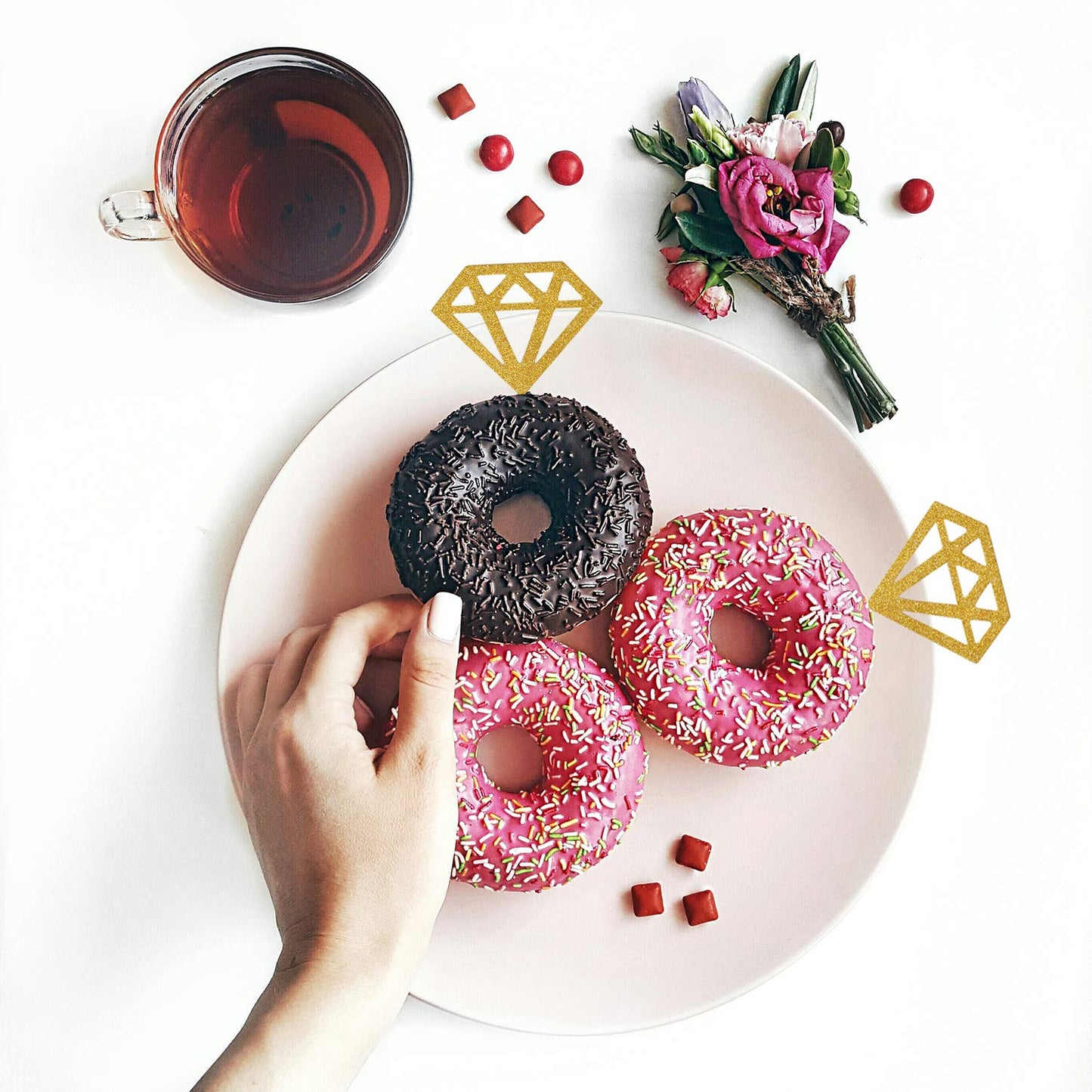 Topoox 50 Pack Gold Glitter Diamond Ring Donut Toppers Cupcake Picks For Bridal Shower Engagement Party Decorations