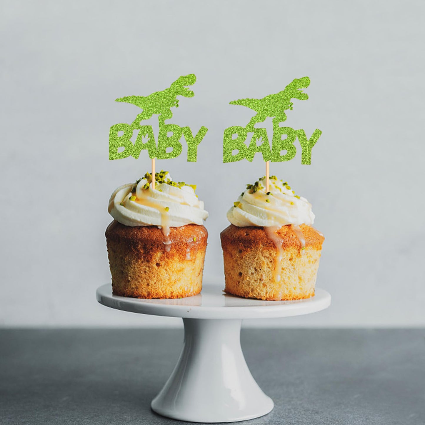 Ercadio 24 Pack Dinosaur Baby Cupcake Toppers Green Glitter Dinosaur Baby Cupcake Picks Little Dino Baby Cupcake Picks For Dinos