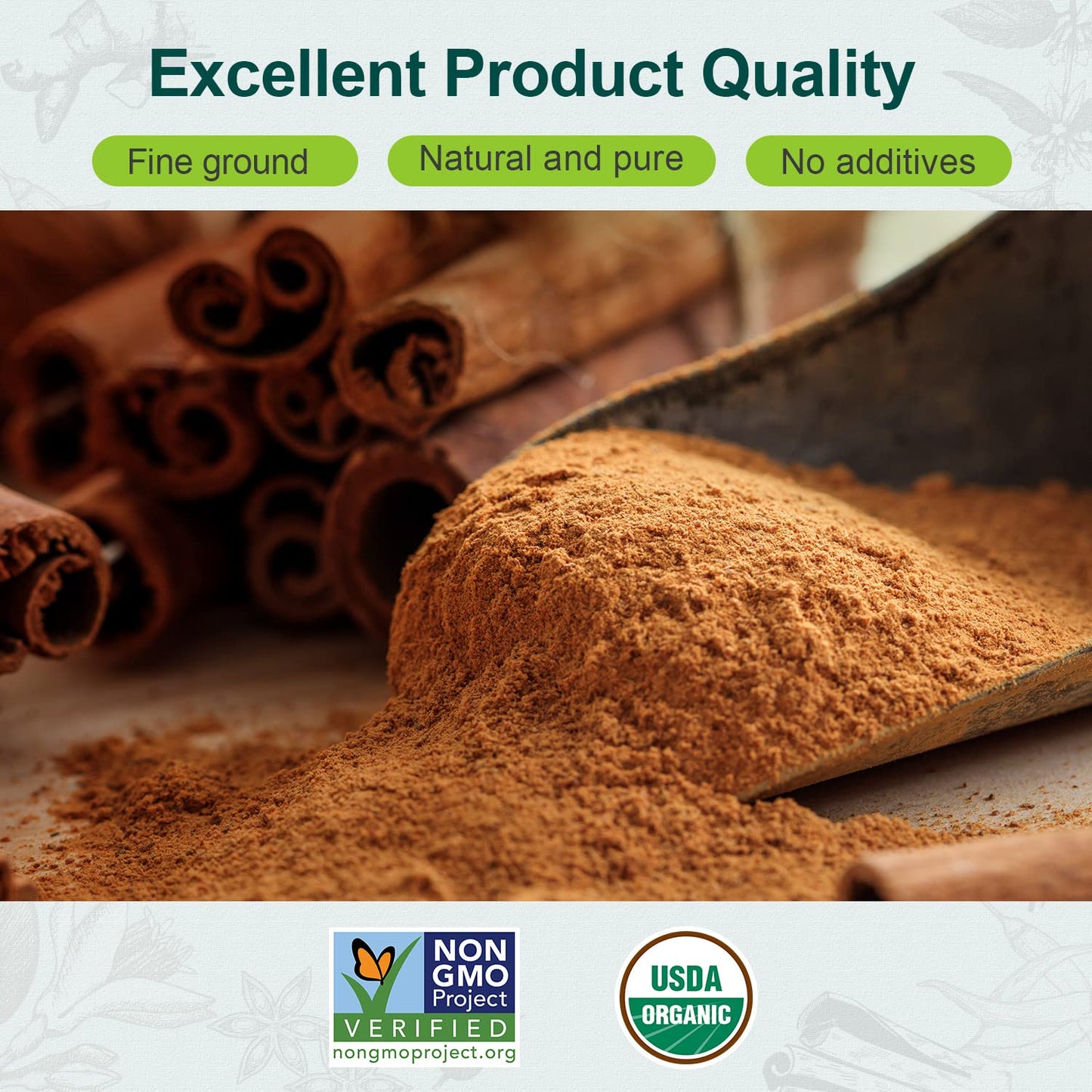 Soeos Organic Cinnamon Powder, Cinnamon, Ground Cinnamon, Cinnamon Sticks, 100% Raw, Non-Gmo, Kosher Certified, Cinnamon Seasoning Spice For Coffee, Baking, Cooking And Beverages 15 Oz (425G)