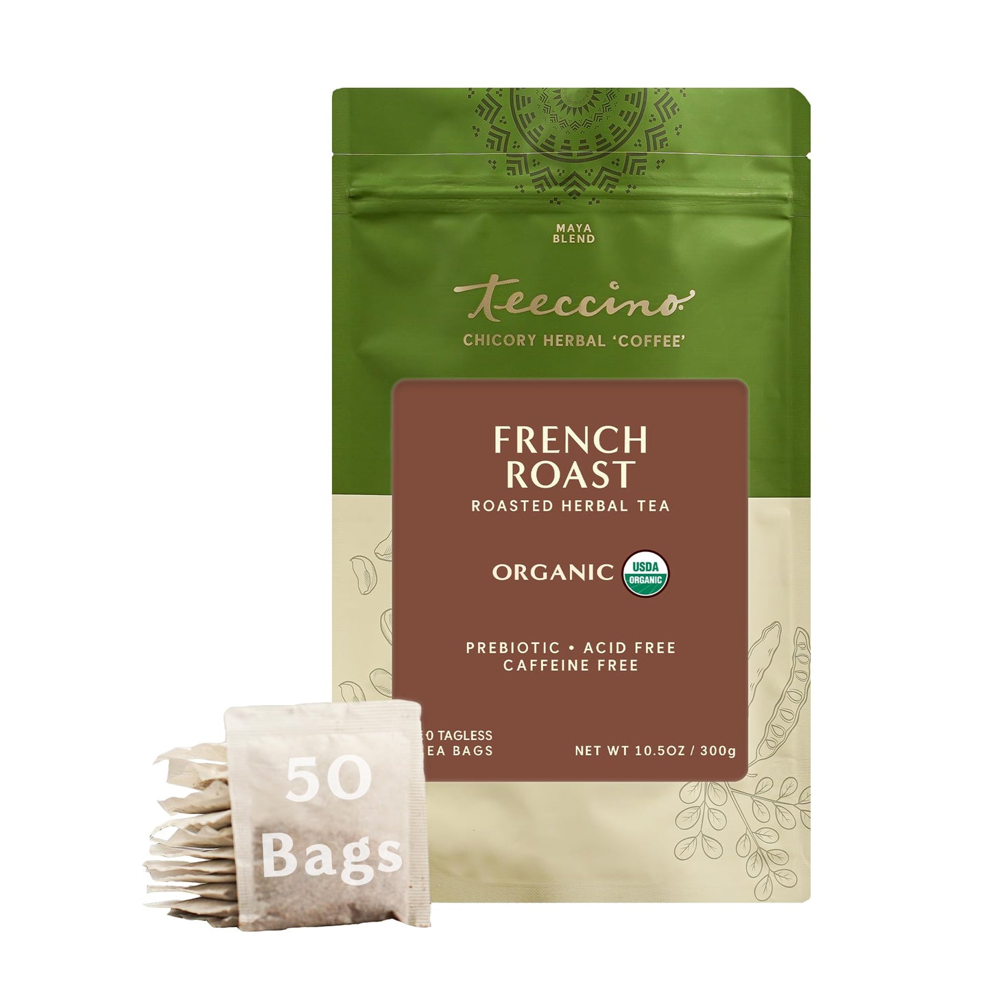 Teeccino French Roast Herbal Tea - Caffeine Free, Prebiotic, 50 Tagless Bags