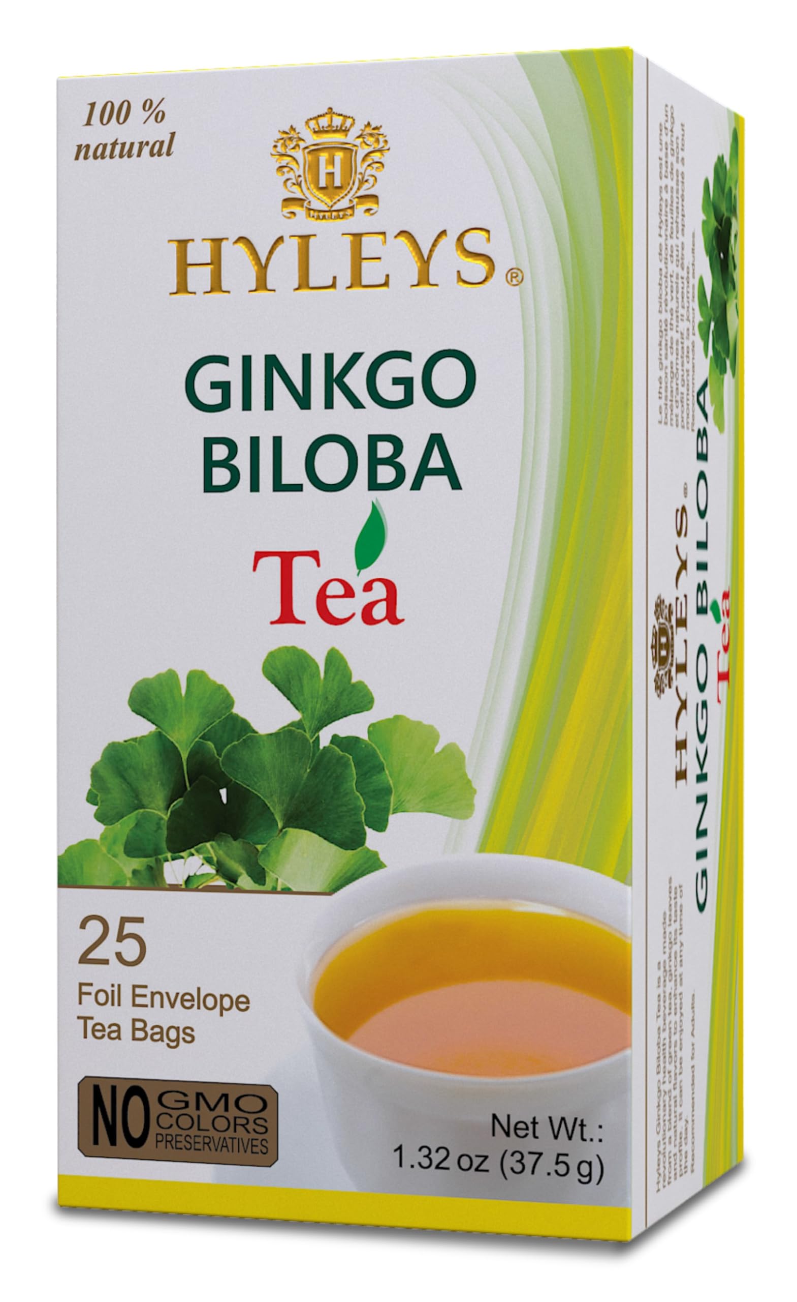 Hyleys Ginkgo Biloba Green Tea - Brain Support Blend With Citrus - 100% Natural, Gluten-Free, Non-Gmo, Memory & Focus Tea - 25 T