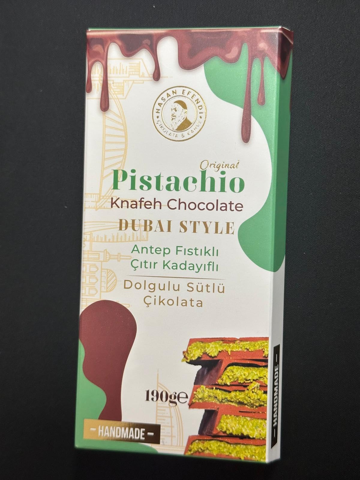 HASAN EFENDI Dubai Chocolate – Belgian Milk Chocolate with 70% Pistachio Paste & Shredded Wheat – 6.7oz – Brown