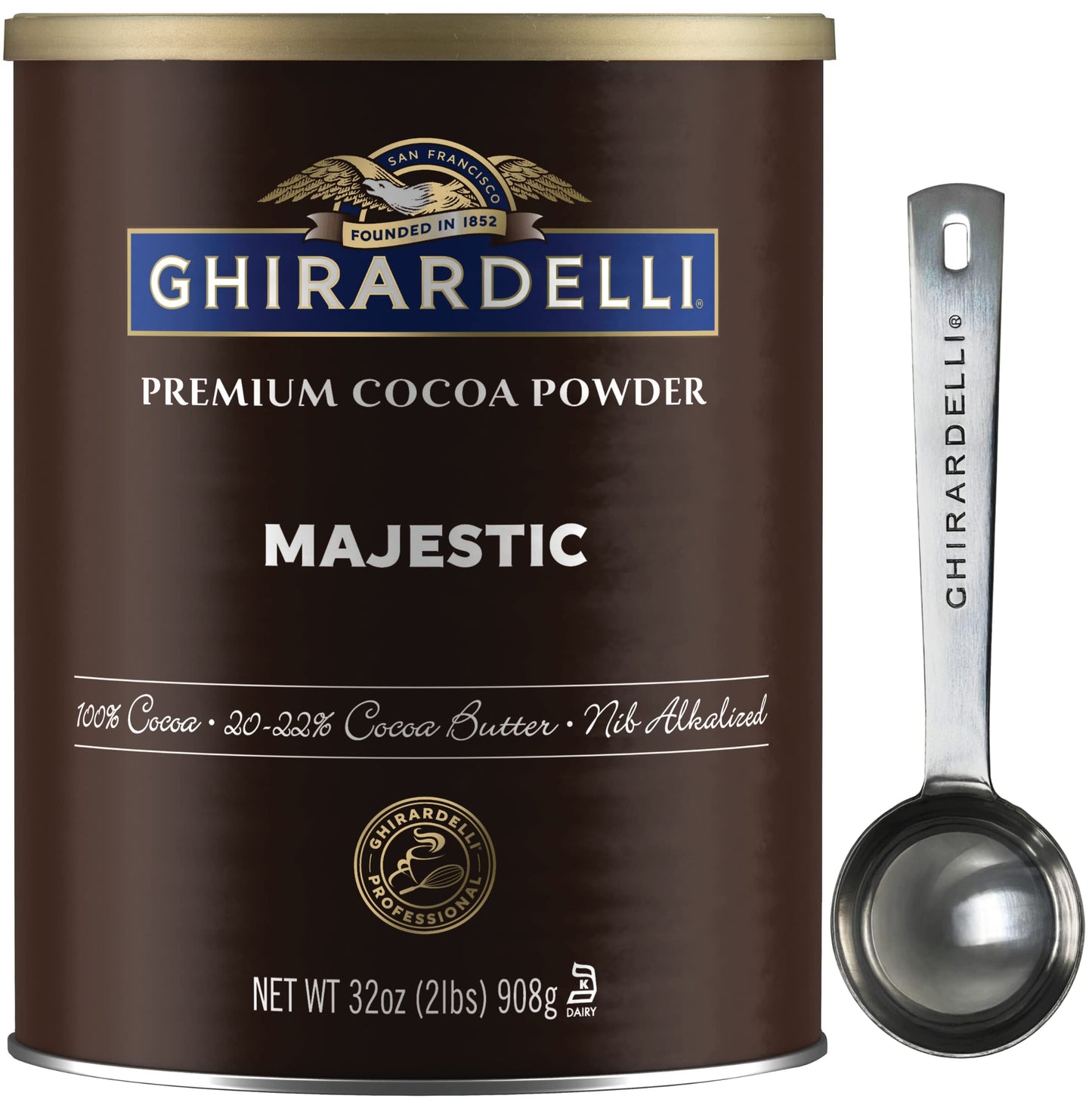 Ghirardelli Majestic Premium Cocoa Powder, 32 Ounce Can with Ghirardelli Stamped Barista Spoon