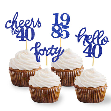 24 Pcs Glitter 40th Birthday Cupcake Toppers for Celebrating Forty Years Old Birthday Party Decorations (Blue)