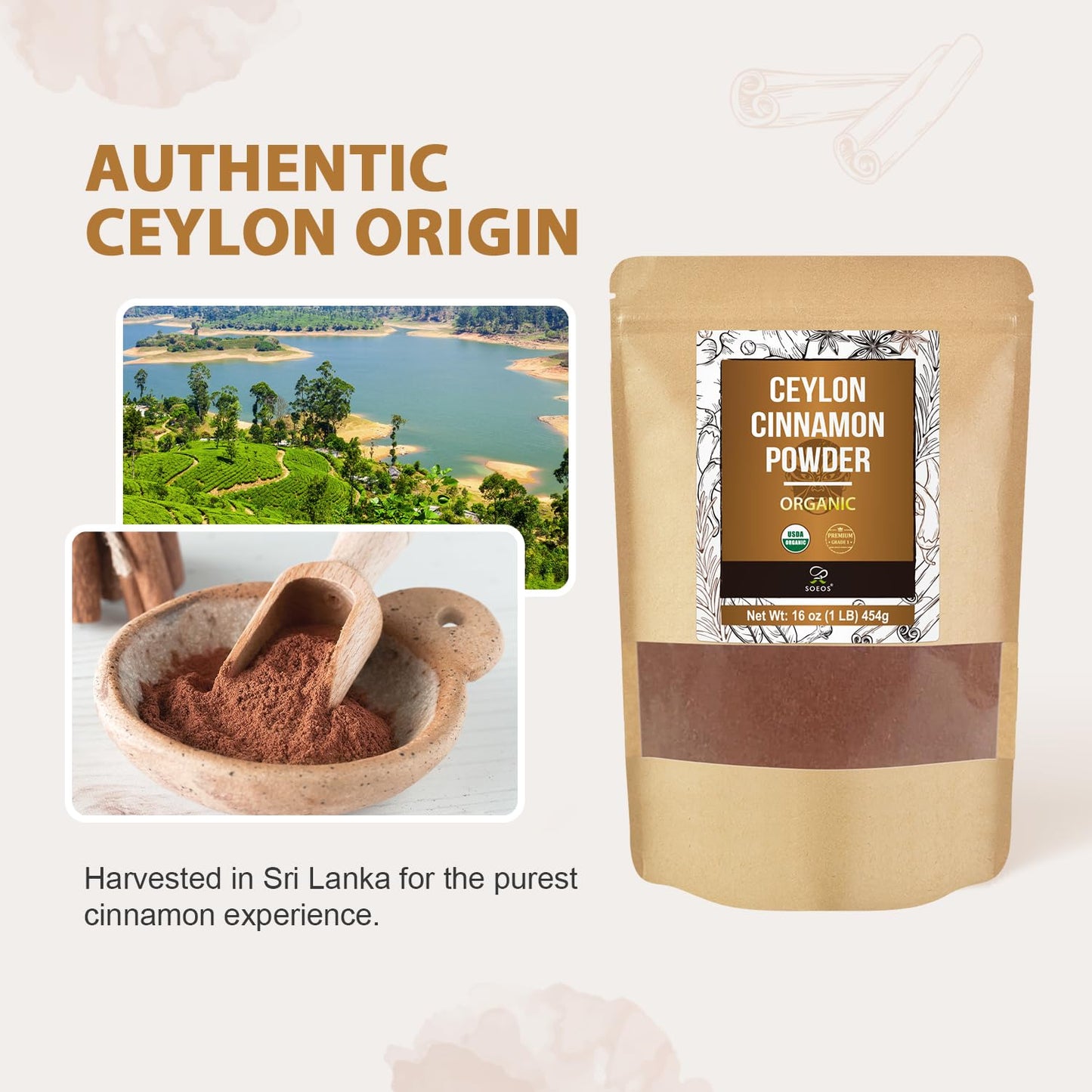 Soeos Organic Ceylon Cinnamon Powder  16oz (454g)  enhanced Ground Cinnamon  Non-GMO  Gluten-Free  Freshly Packed