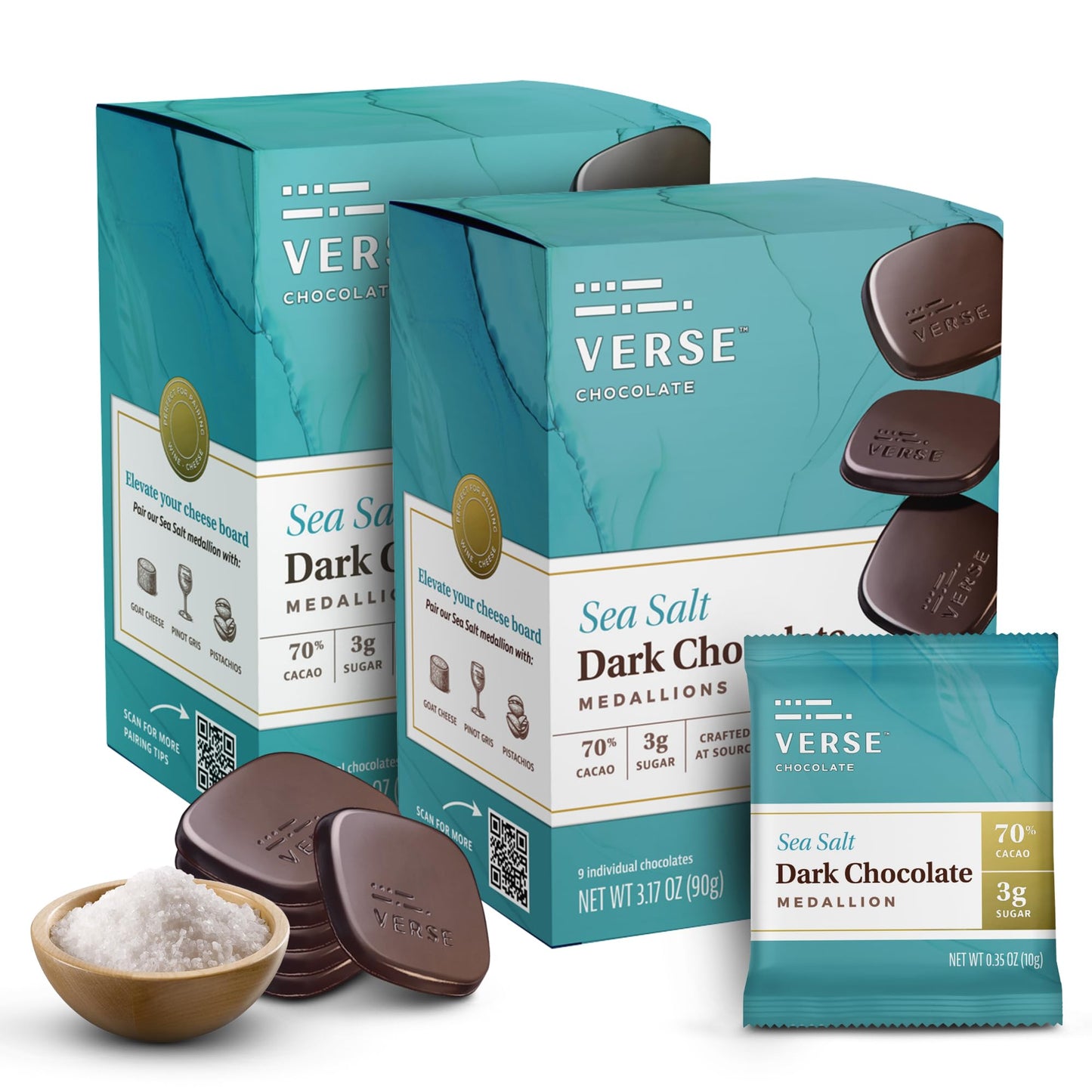 Verse Dark Chocolate Sea Salt Squares - Only 3G Cane Sugar - Creamy 70% Cocoa Dark Chocolate - Individually Wrapped Cacao Bar Squares (9 Count  2 Pack)
