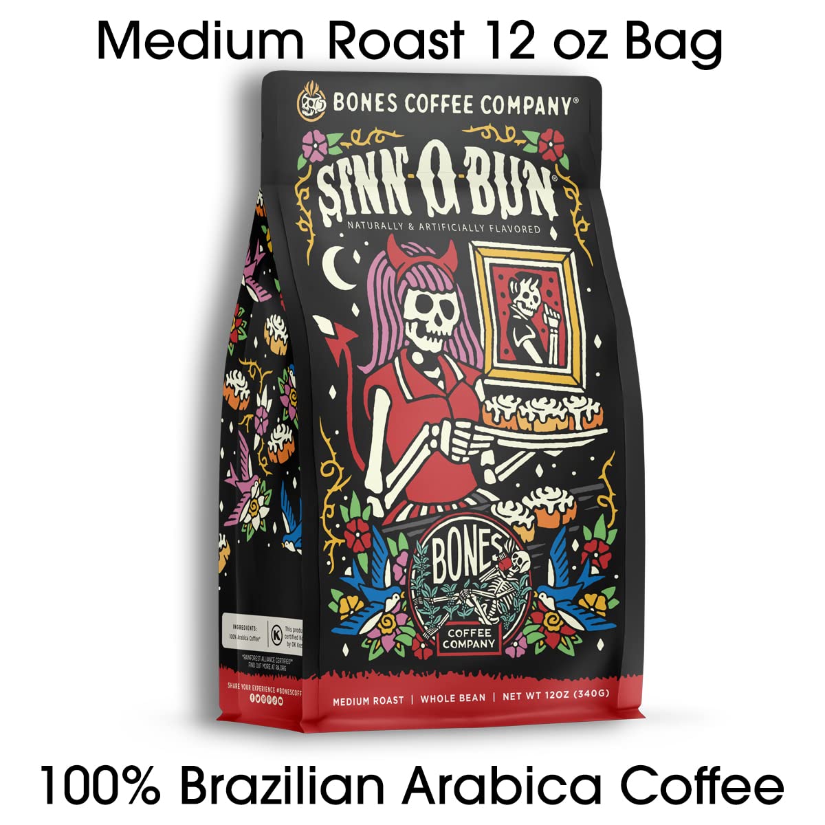 Bones Coffee Company Sinn O Bun Ground Coffee Beans, Cinnamon Roll Flavor, Low Acid Flavored Coffee, Made with Arabica Coffee