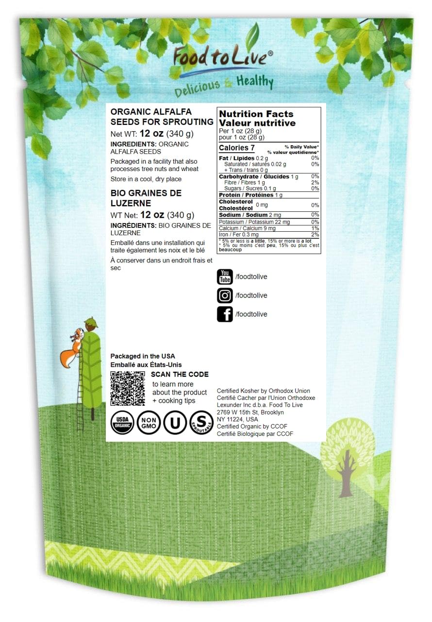 Food to Live Organic Alfalfa Seeds for Sprouting, Non-GMO, 12 Ounces, Pure, Kosher, Rich in Vitamin K, Green