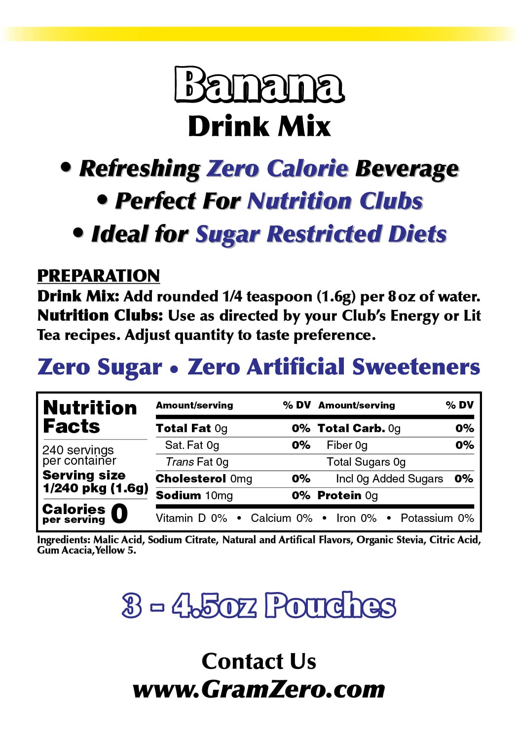 Gramzero All Natural Banana Zero Calorie Sugar Free Drink Mix, Great For Nutrition Club Loaded Tea, Stevia Sweetened