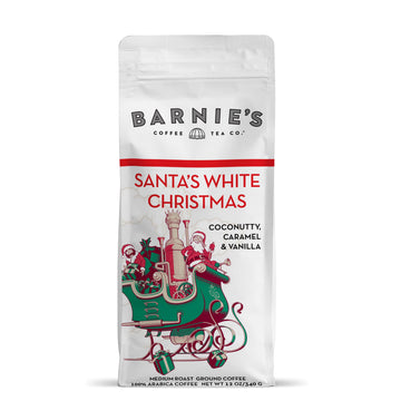 BARNIES COFFEE TEA Ground Coffee, Santas White Christmas, Coconut & Caramel, Medium Roast, 12 oz Bag