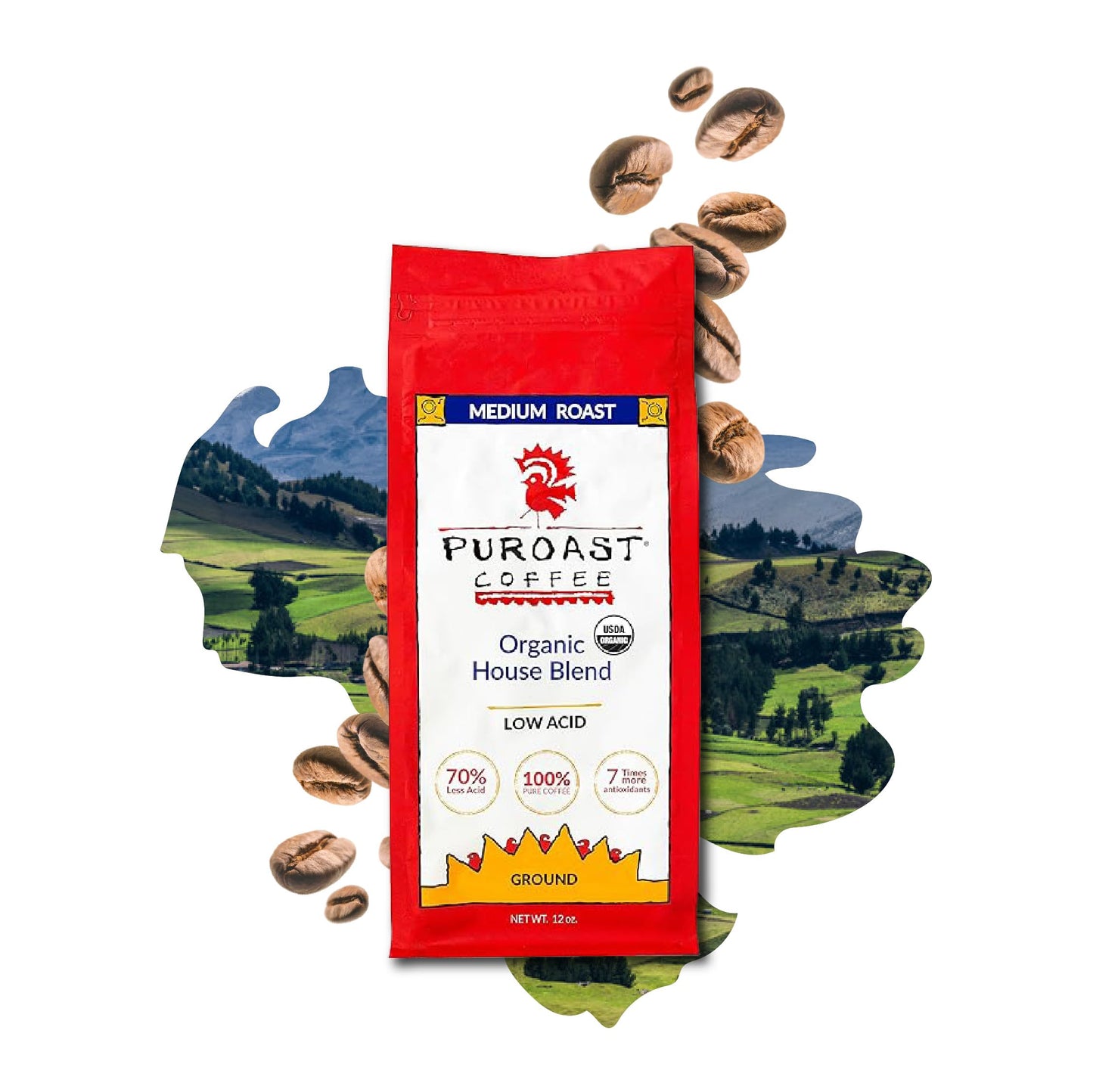 Puroast Low Acid Coffee Ground House Blend, Medium Roast, Certified Low Acid Coffee, 5.5+ Ph, Gut Health, 2.2 Lb, Higher Antioxi