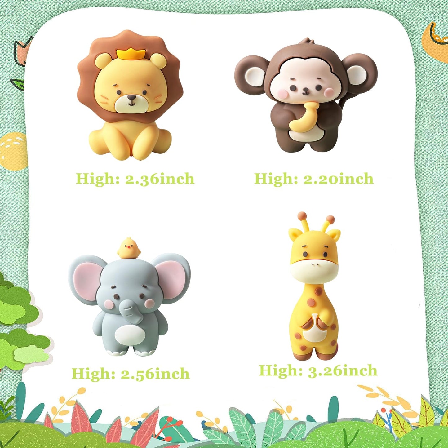 LXASIY Jungle Safari Animal Cake Toppers - 10 Pcs, Paper, Elephant Giraffe Lion Monkey, Glittery Tropical Leaves, Safari Theme