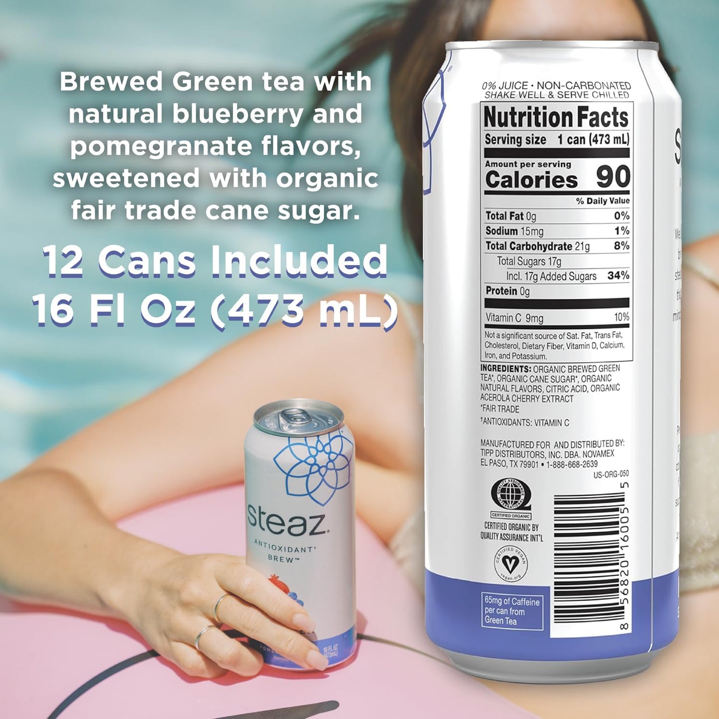Steaz Organic Green Tea Blueberry Pomegranate - 12 Pack, 16 fl oz Cans, Antioxidant Brew, Vegan, Cane Sugar Sweetened