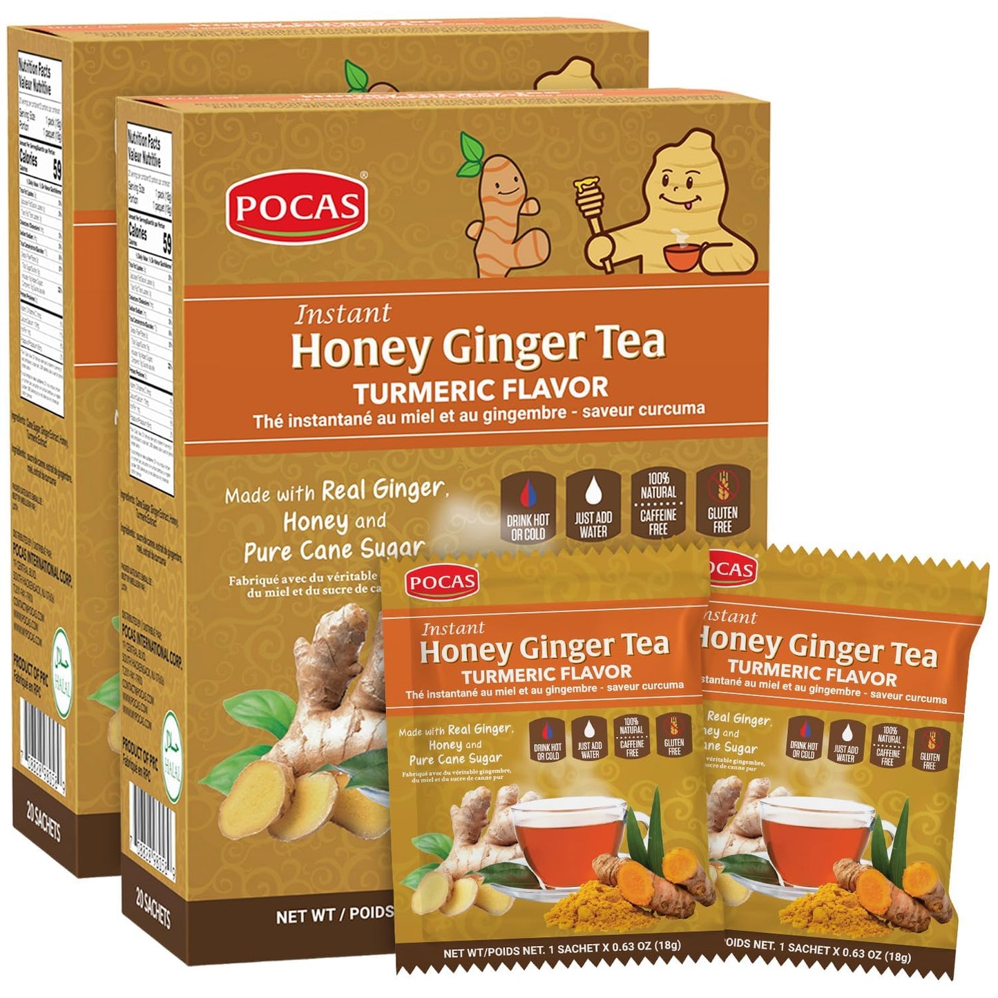 Pocas Honey Ginger Tea Powder Packets, Non-GMO, Gluten Free, Caffeine Free, 40 Count (Pack of 2)