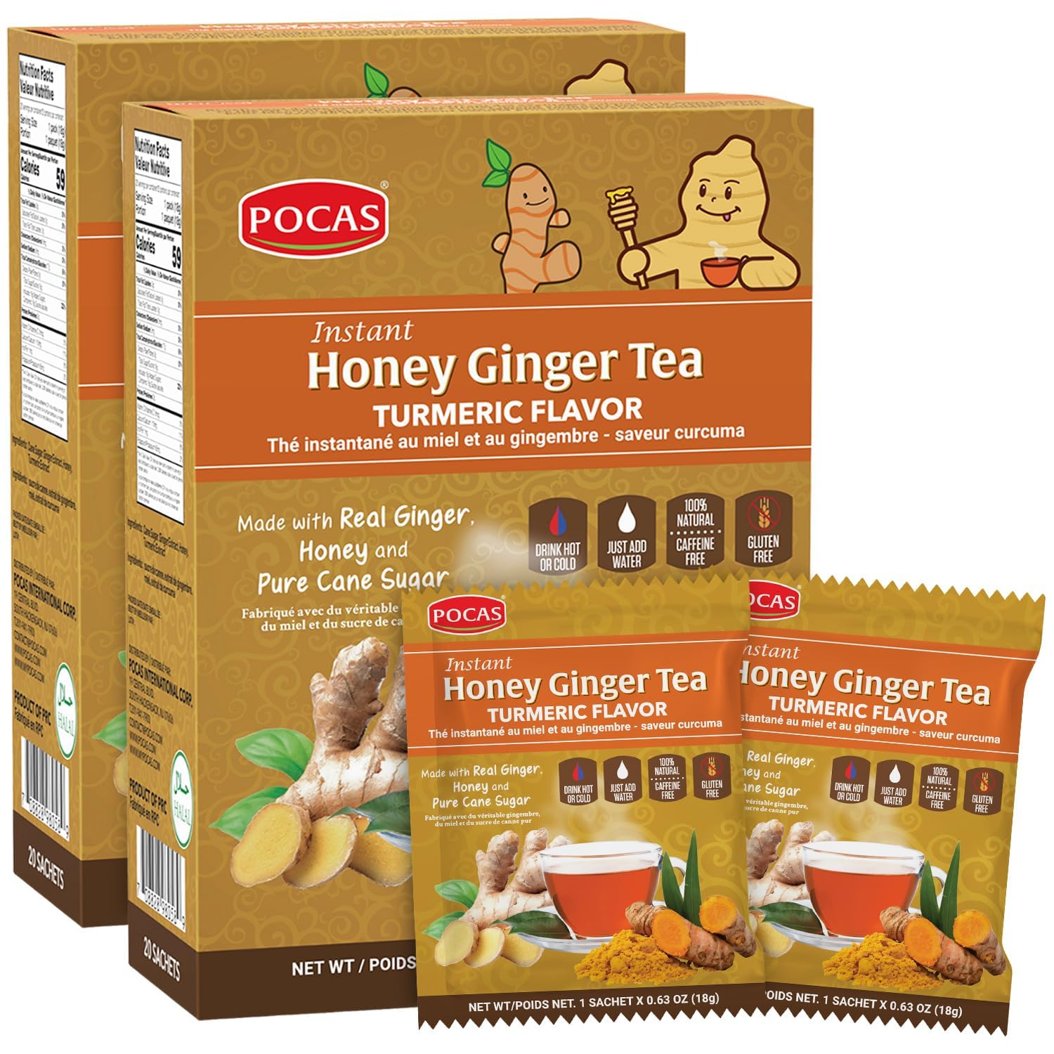 Pocas Honey Ginger Tea Powder Packets, Non-GMO, Gluten Free, Caffeine Free, 40 Count (Pack of 2)