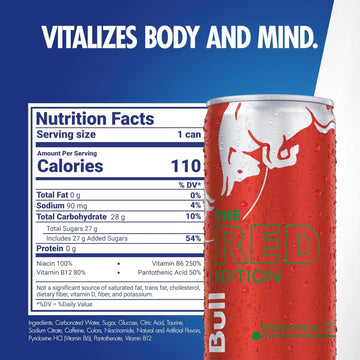 Red Bull Red Edition Energy Drink, Watermelon, 114mg Caffeine, 12 Fl Oz, Pack of 4 Cans