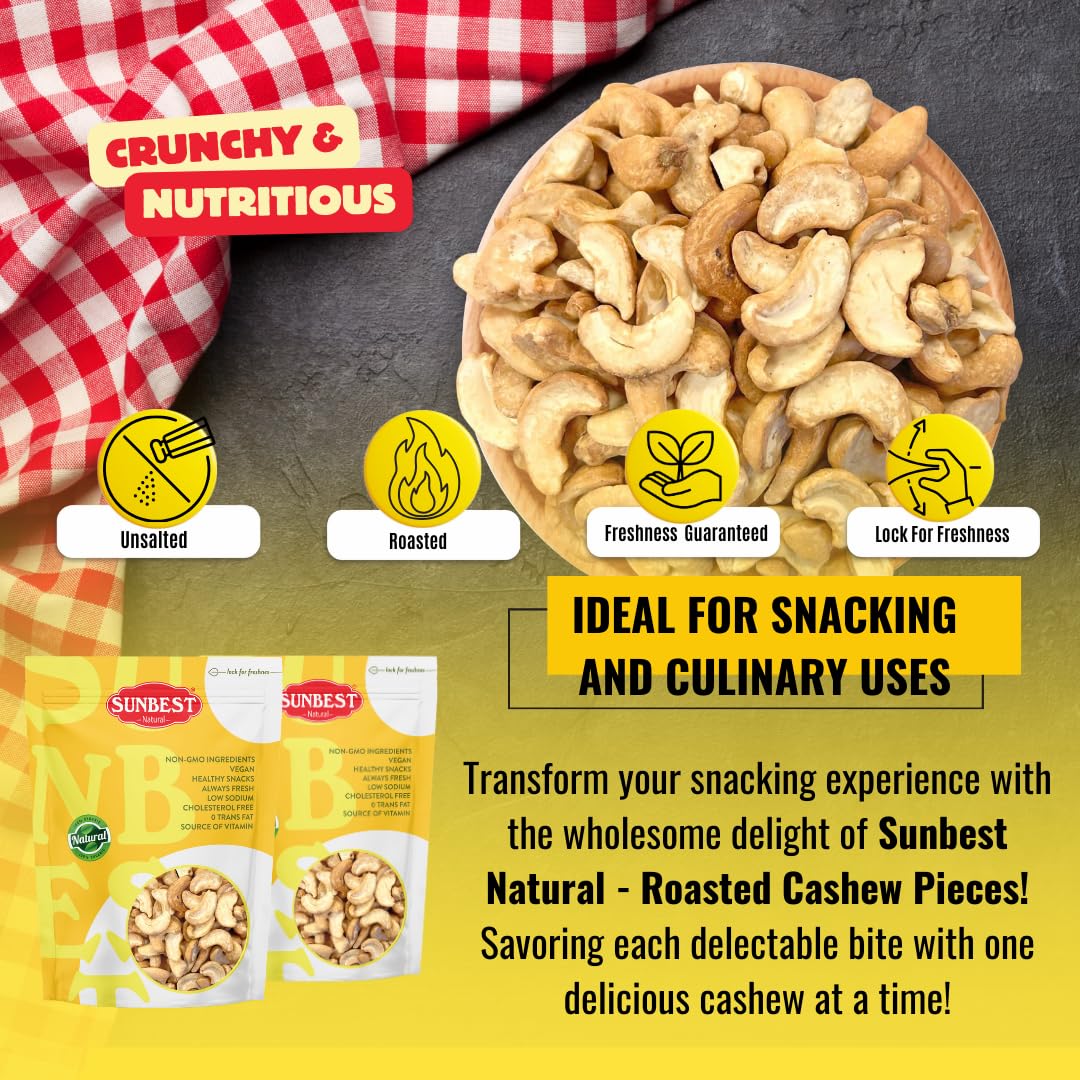 Sunbest Natural Dry-Roasted Cashew Pieces - 5 Lb Bulk Bag (80 Oz) - Unsalted, Low Sodium & Diet-Friendly - Kosher Certified Supe