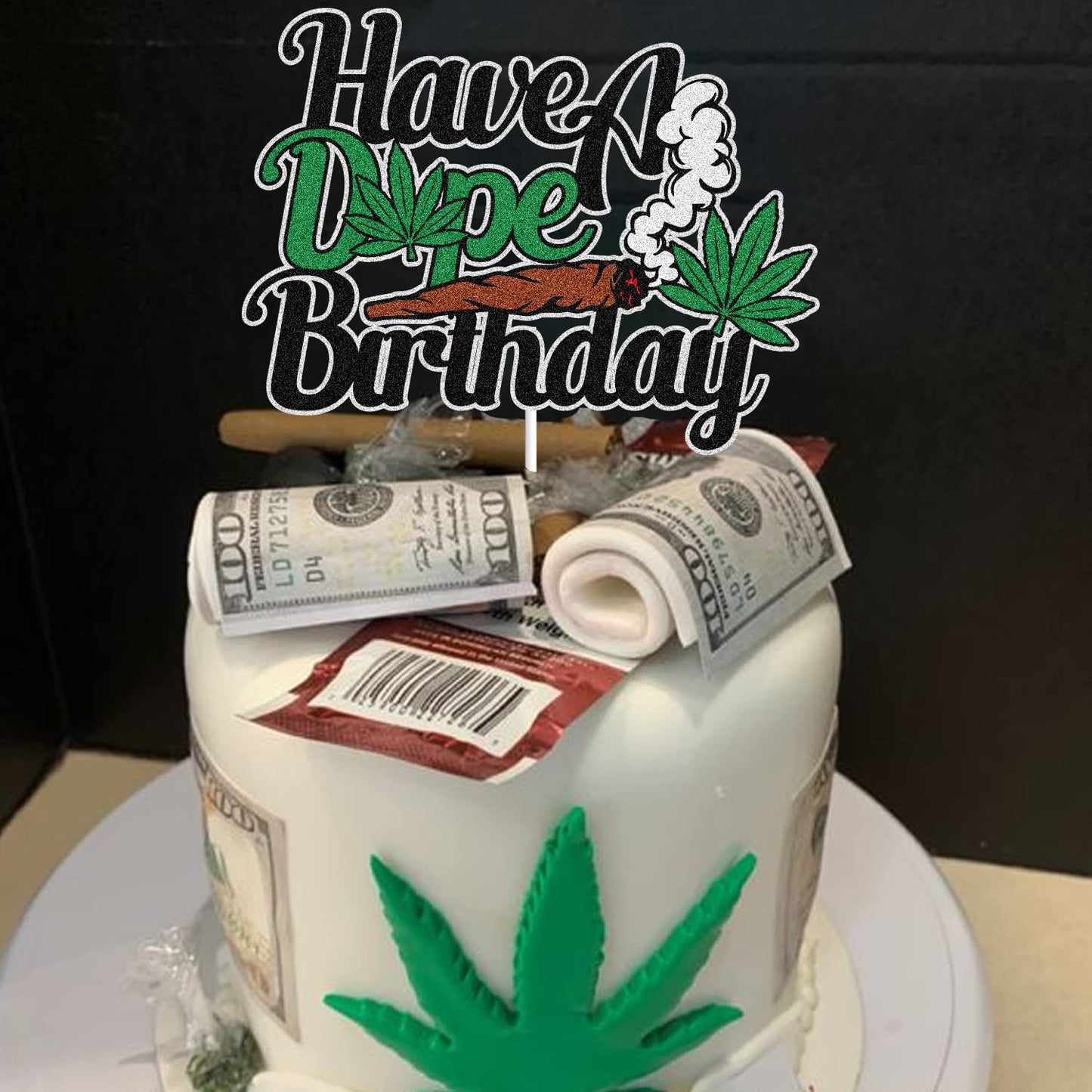 LINGBOOM Birthday Cake Topper Green Glitter Pot Leaf Decoration 9.8x15 cm Paperboard Happy Birthday