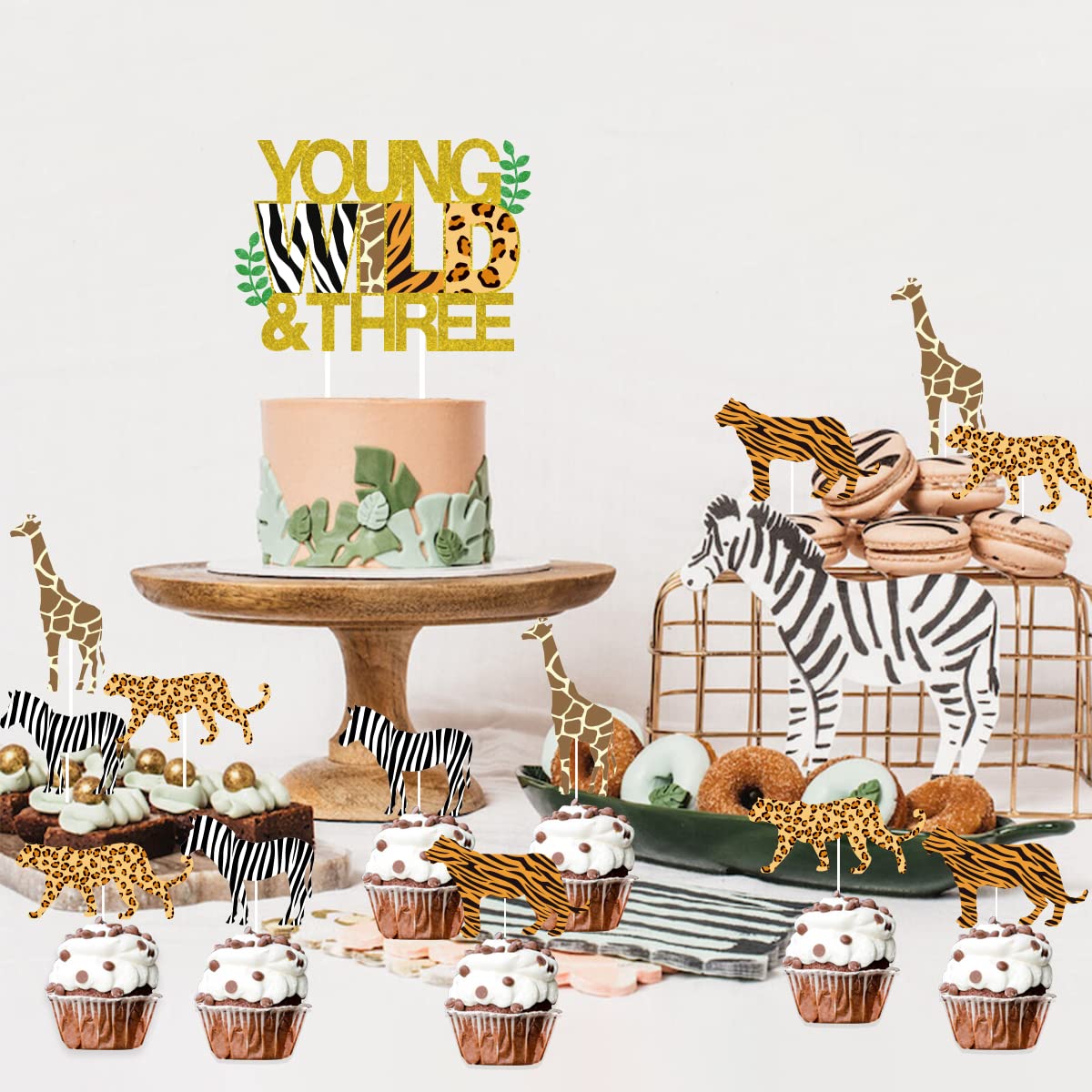 Sursurprise Cake Topper Set, Jungle Animals, Happy 3rd Birthday Decor, 25 Pack, Paper, Model DPA-0830, Color 3rd
