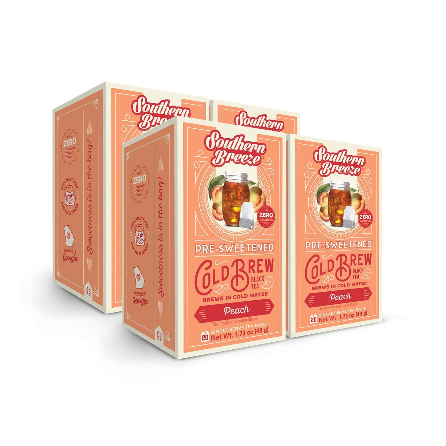 Southern Breeze Cold Brew Sweet Tea Peach Iced Tea With Black Tea And Zero Carbs Zero Sugar, 20 Individually Wrapped Tea Bags, Pack Of 4
