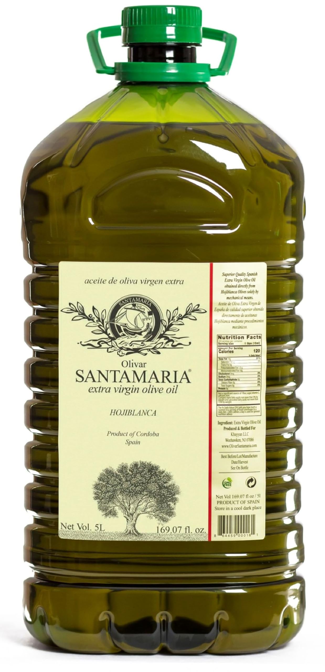 Olivar Santamaria Extra Virgin Olive Oil Hojiblanca 169.07 Fl Oz (5 Liter) Green