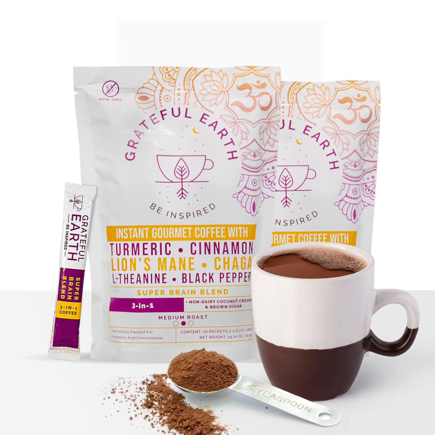 Grateful Earth Mushroom Coffee, Coconut Instant Coffee with Cinnamon & Turmeric, 40 Count (Pack of 2)