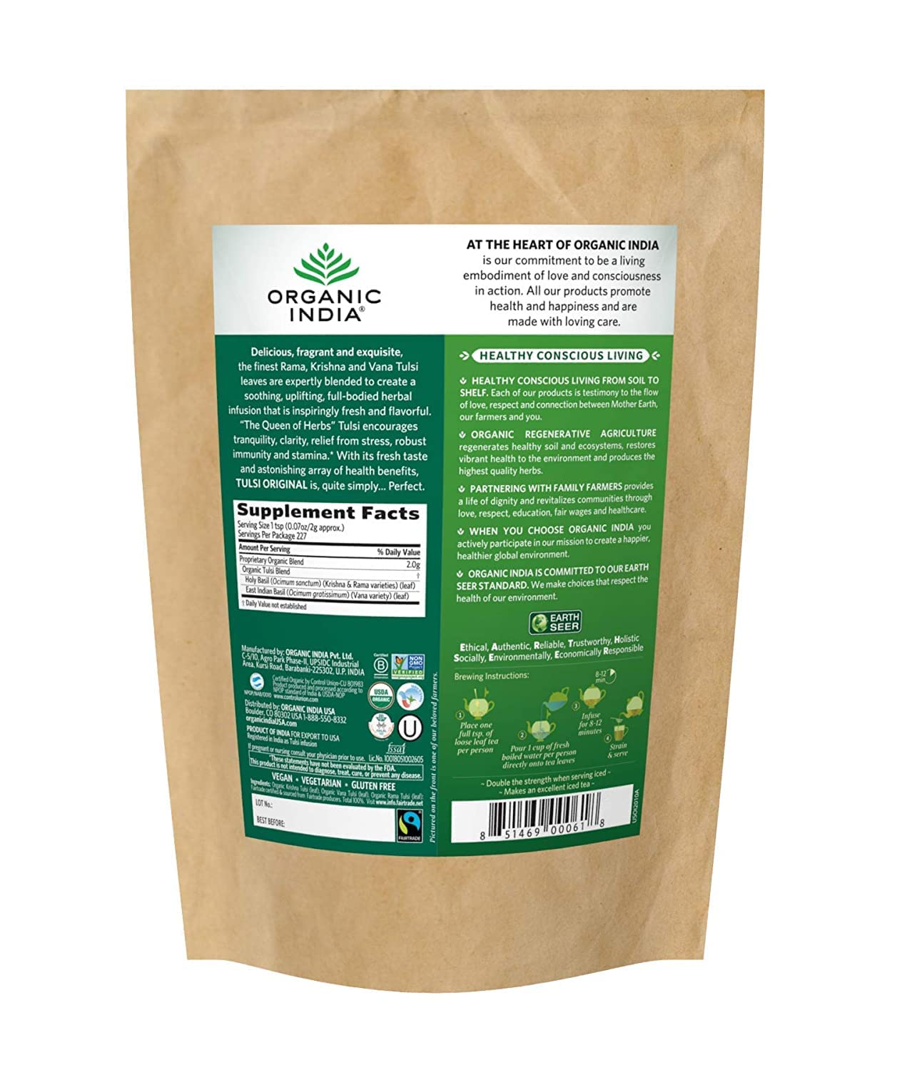 Organic India Tulsi Loose Leaf Herbal Tea - Immune Support, Vegan, Gluten-Free, 1 lb Bag