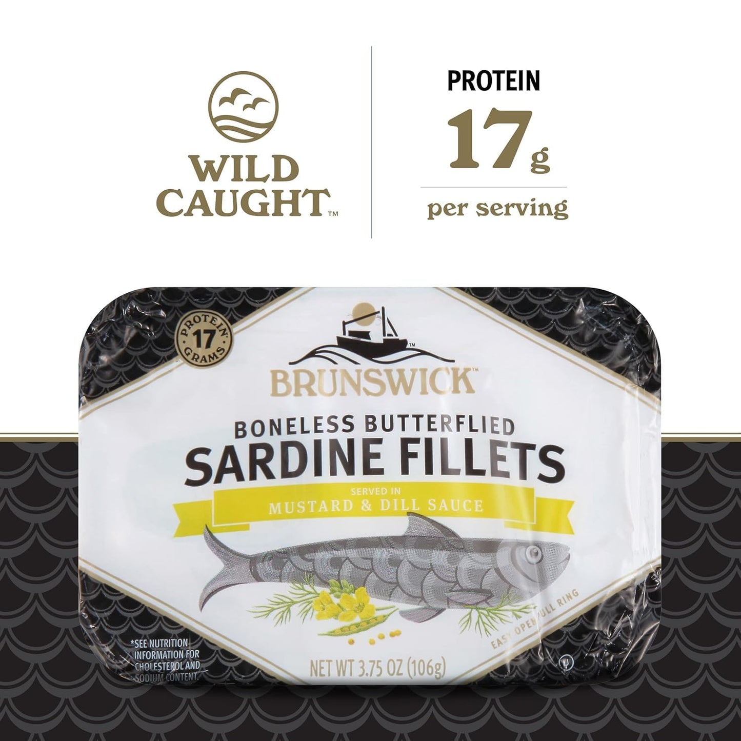 Brunswick Sardine Fillets in Mustard & Dill Sauce, 3.75 oz Can, Pack of 12, Gluten Free, Keto Friendly, 17g Protein per Serving