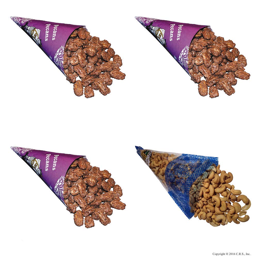 The Nutty Bavarian Cinnamon Glazed Pecans & Lightly Salted Cashews, 4 Cone Pack, Purple & Clear Blue
