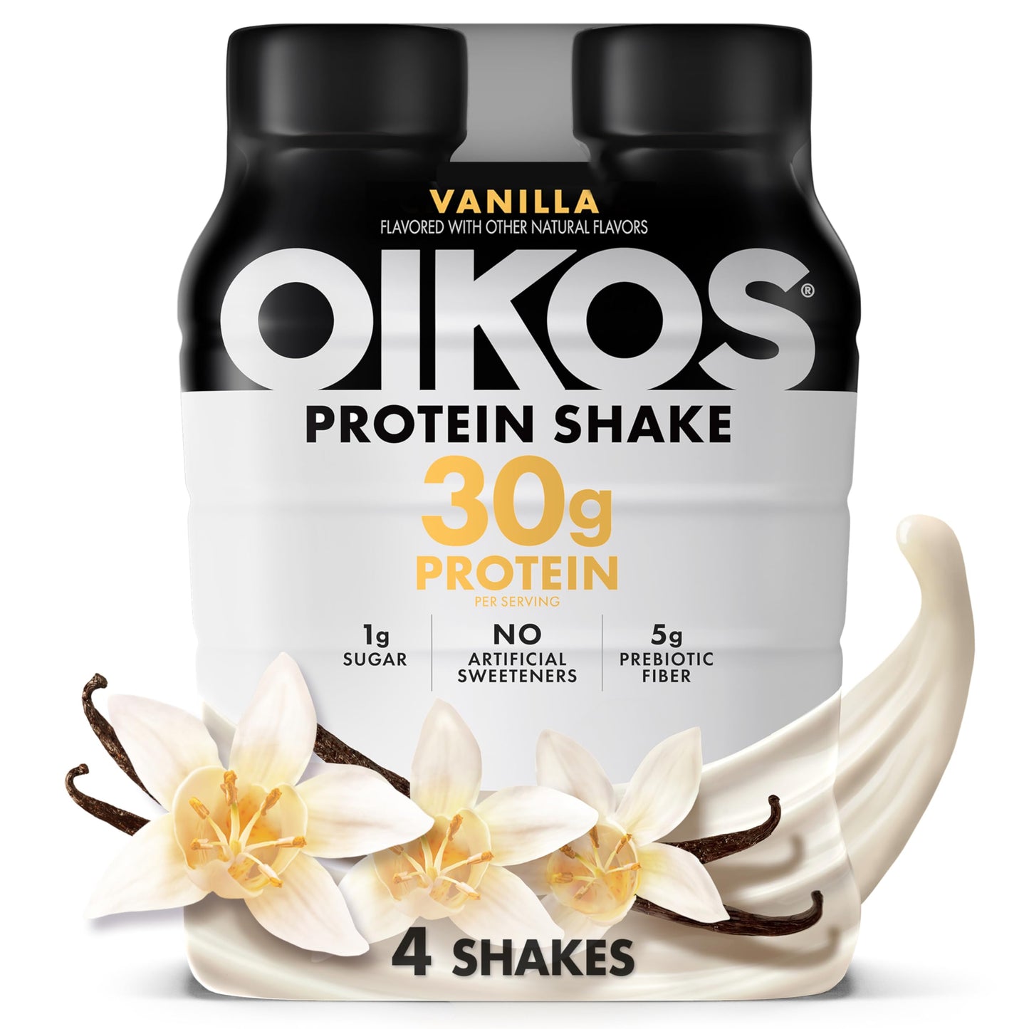 Oikos Protein Shake  Vanilla  30g High Protein Drinks  Shelf Stable  Ready to Drink  5g Prebiotic Fiber  12 fl oz Bottle  4 Count