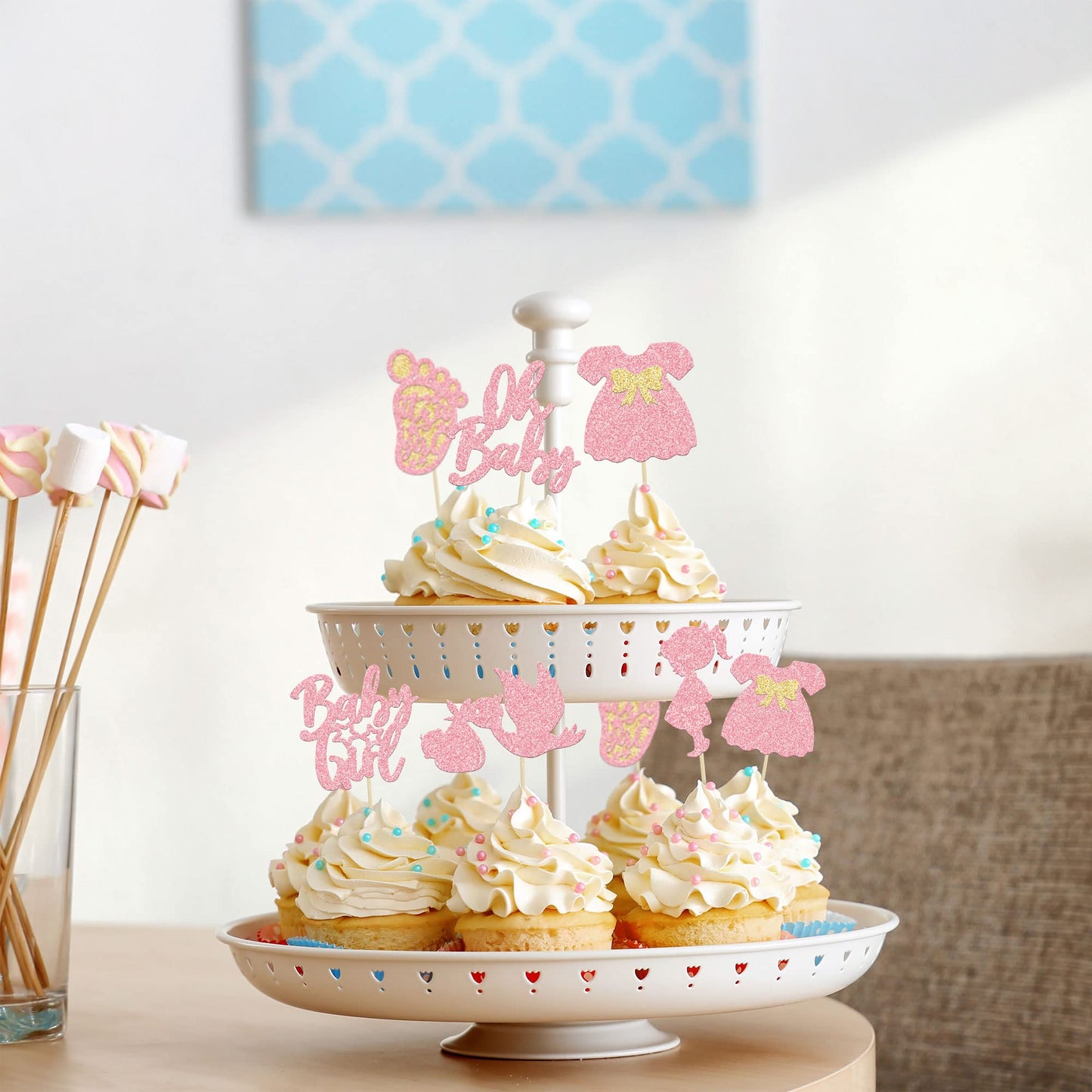 24Pcs Baby Shower Oh Baby Cupcake Toppers With Bow Dress Footprint Swan Pink Glitter Baby Girl Cake Picks Decorations For Baby S