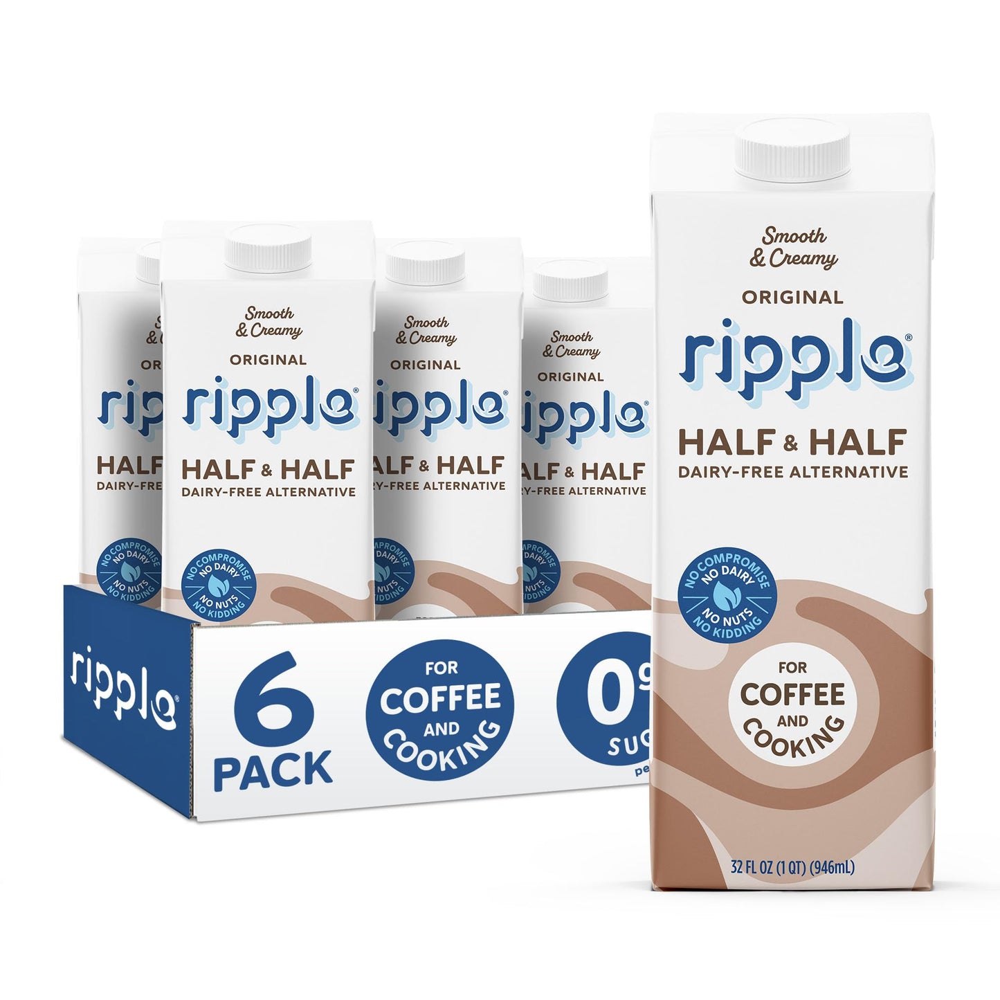 Ripple 32 oz Plant Based Milk 8g of Quality Sourced Pea Protein  Calcium Rich | Shelf Stable | Vegan & Non GMO Certified | Dairy  Soy  Nut  Gluten  & Lactose Free (Pack of 6) (32 Fl Oz (Pack of 6)  Half & Half)