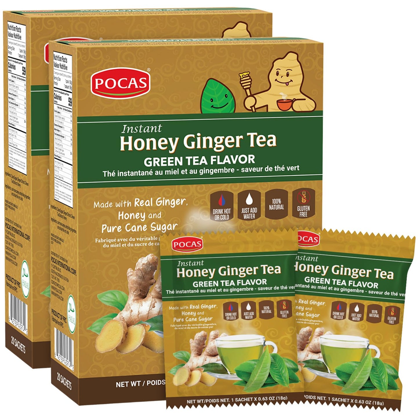 Pocas Honey Ginger Instant Tea Powder, Green Tea Flavor, 20 Count (Pack of 2)