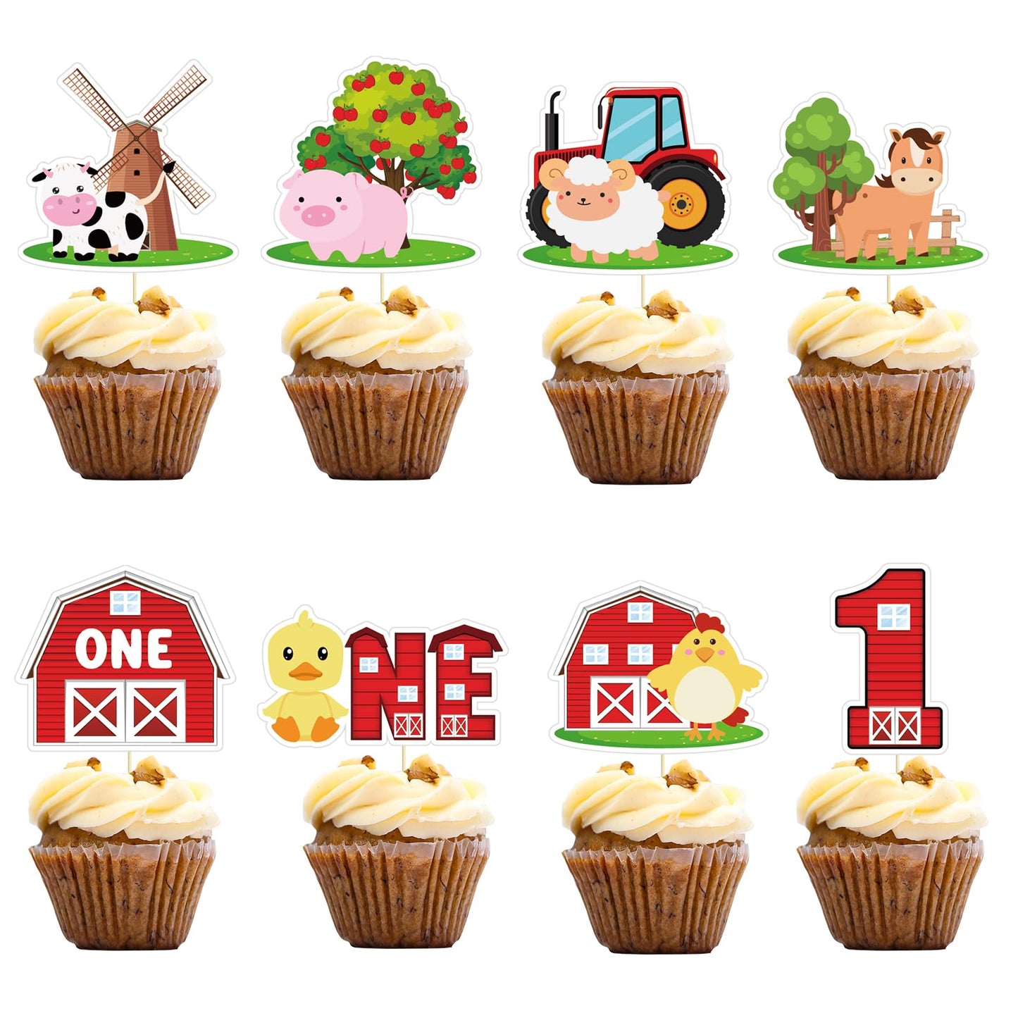Weecent 48 Pcs Farm Animals Cupcake Toppers Baby 1St Birthday Decorations Barnyard Theme Cake Toppers For Baby Boy Girls Farm Ba