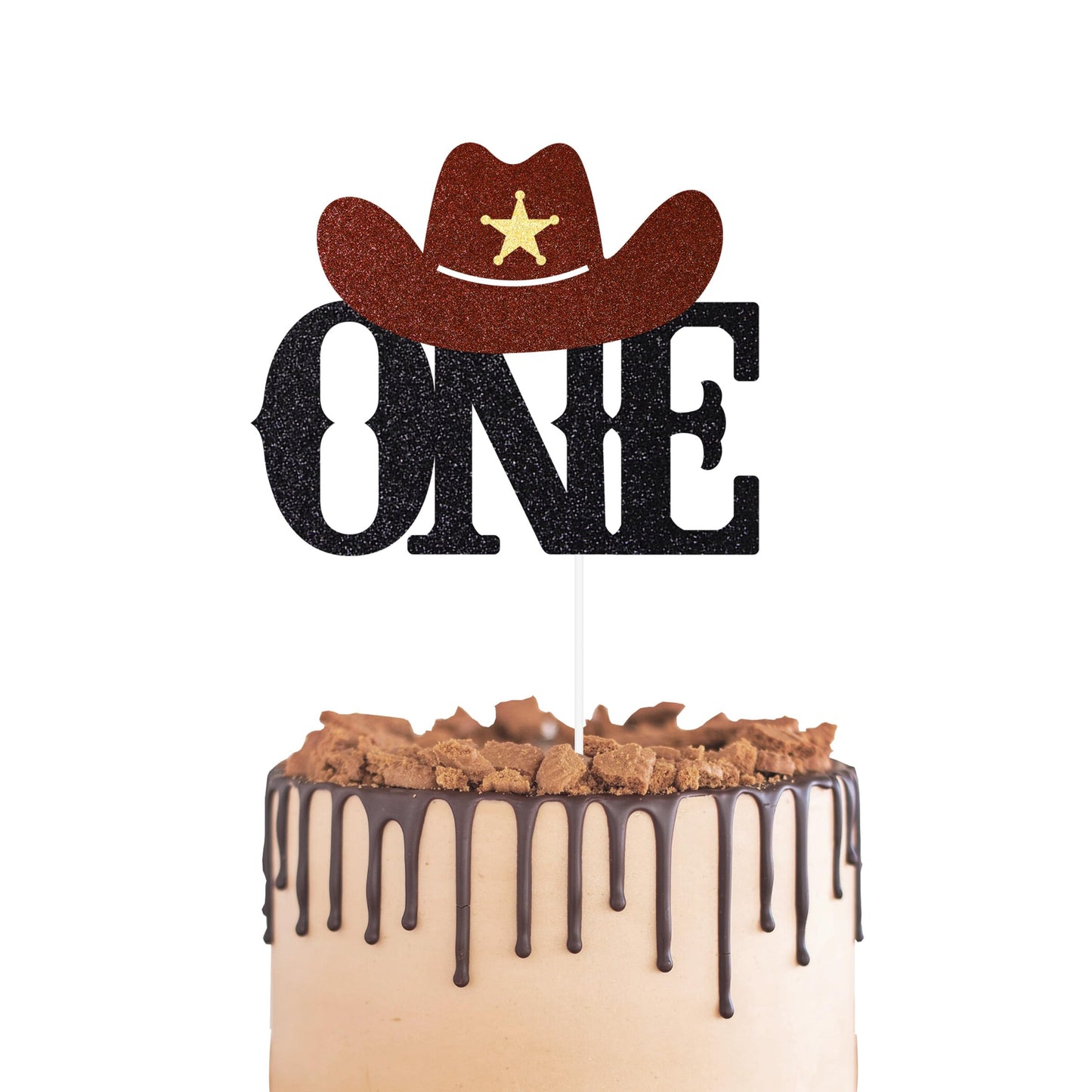 Gexolenu 1 Pcs Cowboy First Birthday Cake Topper Glitter Brown And Black Hat One Cake Picks For Western Theme Baby Shower First 