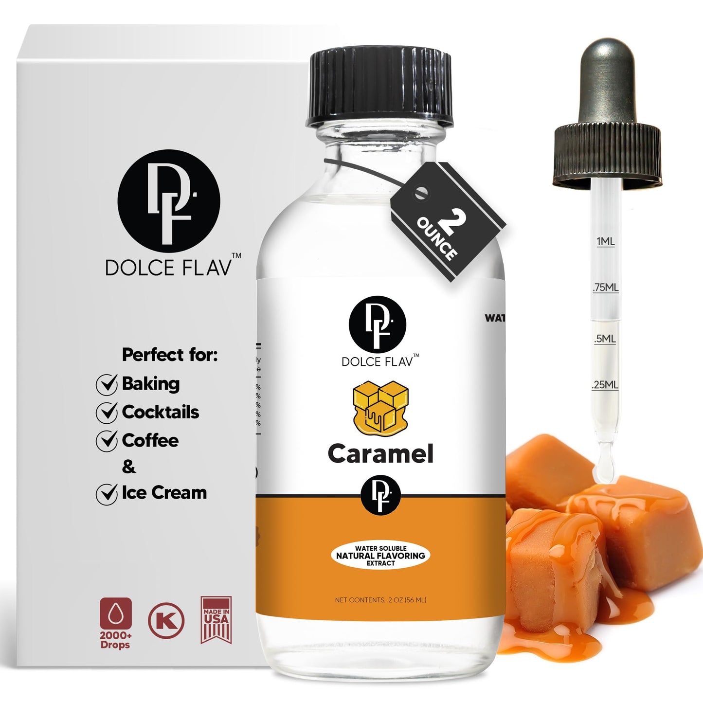 Dolce Flav Natural Caramel Extract - Water-Soluble Flavoring for Baked Goods, Beverages & Desserts - 2 Oz.