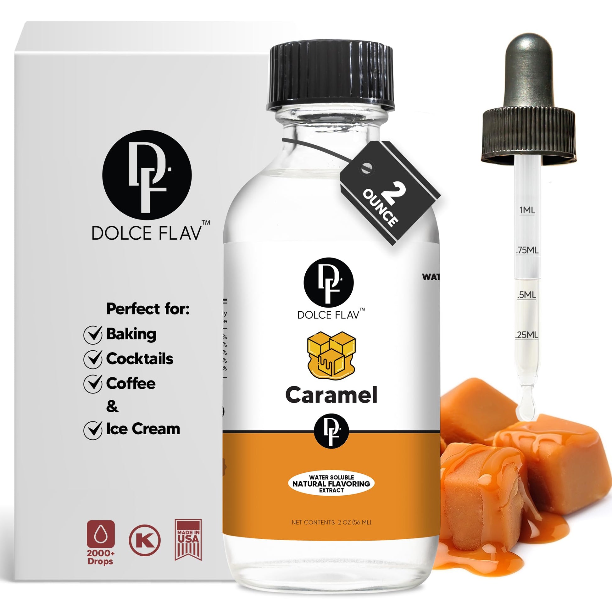 Dolce Flav Natural Caramel Extract - Water-Soluble Flavoring for Baked Goods, Beverages & Desserts - 2 Oz.