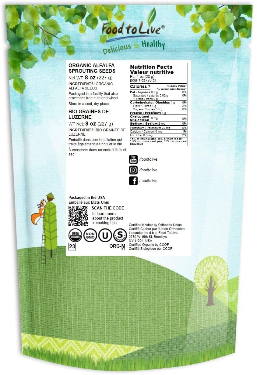 Food to Live Organic Alfalfa Seeds for Sprouting, Non-GMO, Vegan, 8 Ounces
