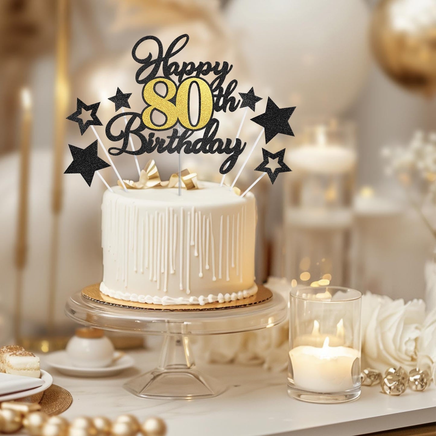 Happy 80Th Birthday Cake Toppers, Black Gold Glitter Cake Decorations Set, 80Th Birthday Decor For Men Women, Birthday Anniversa