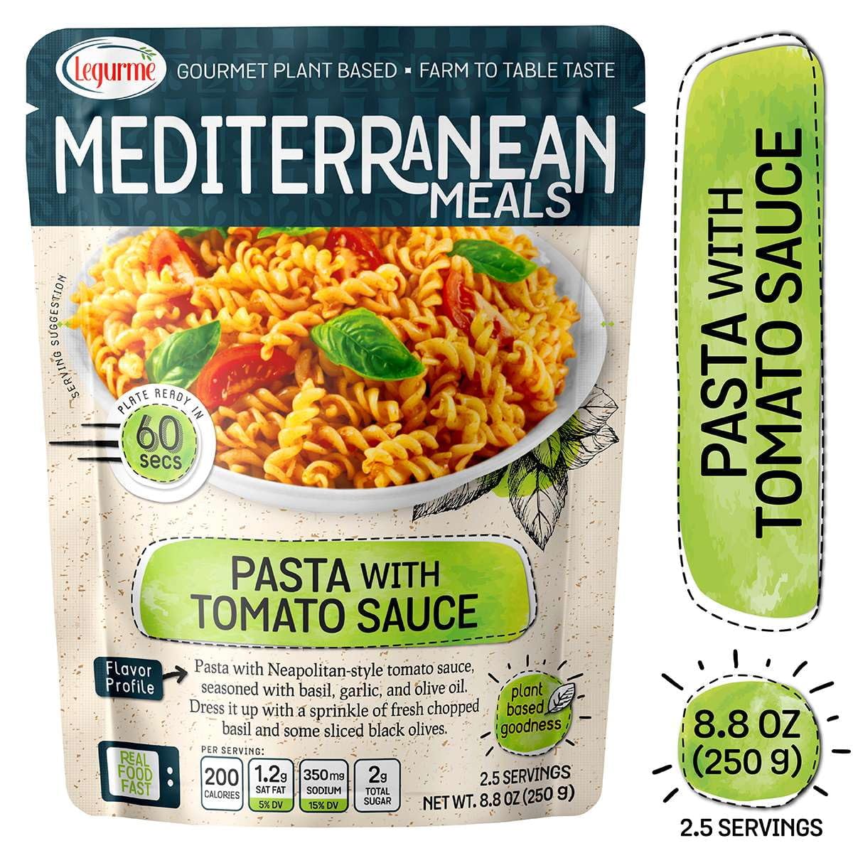 Mediterranean, Ready To Eat Pasta With Tomato Sauce, Plant Based, Vegan, No Preservatives, No Colorants, No Artificial Flavors,