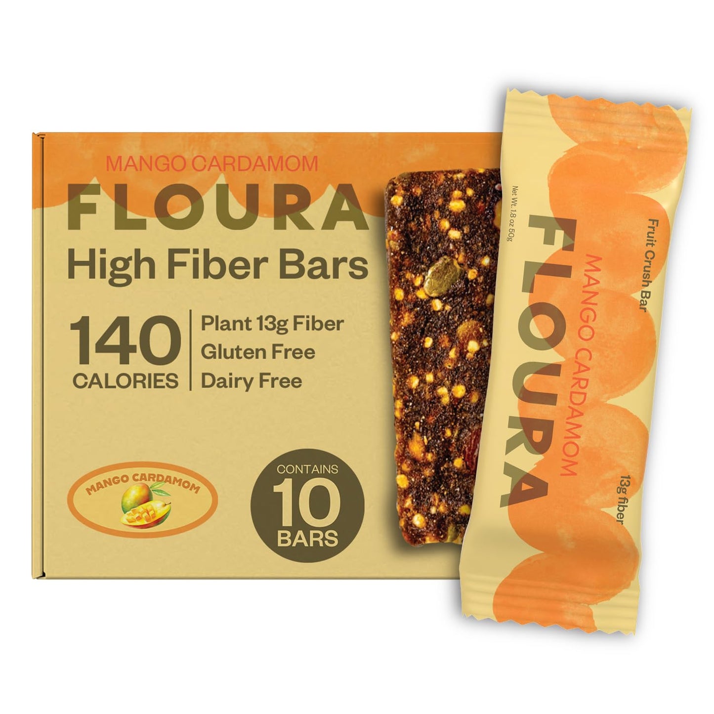 Floura Mango Cardamom Fruit-Forward Fiber Bars- High Fiber, Vegan, Gluten & Dairy Free, Low Calorie Healthy Snack Bars with Upcy