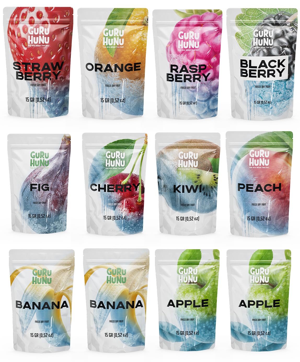 GURU HUNU Freeze Dried Fruit Mix 12 Individual Packs Healthy Fruit Snacks - Variety Pack Dehydrated Fruit Chips Camping Snacks M