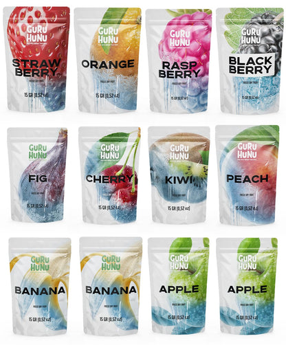 GURU HUNU Freeze Dried Fruit Mix 12 Individual Packs Healthy Fruit Snacks - Variety Pack Dehydrated Fruit Chips Camping Snacks M