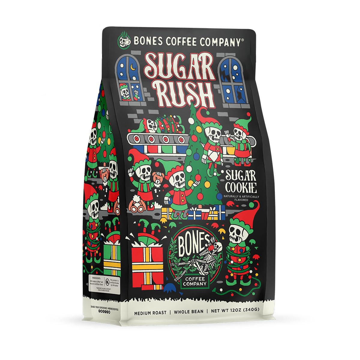 Bones Coffee Company Sugar Rush, Sugar Cookies Flavored Coffee, Medium Roast Low Acid Arabica Beans Compatible with Auto drip an