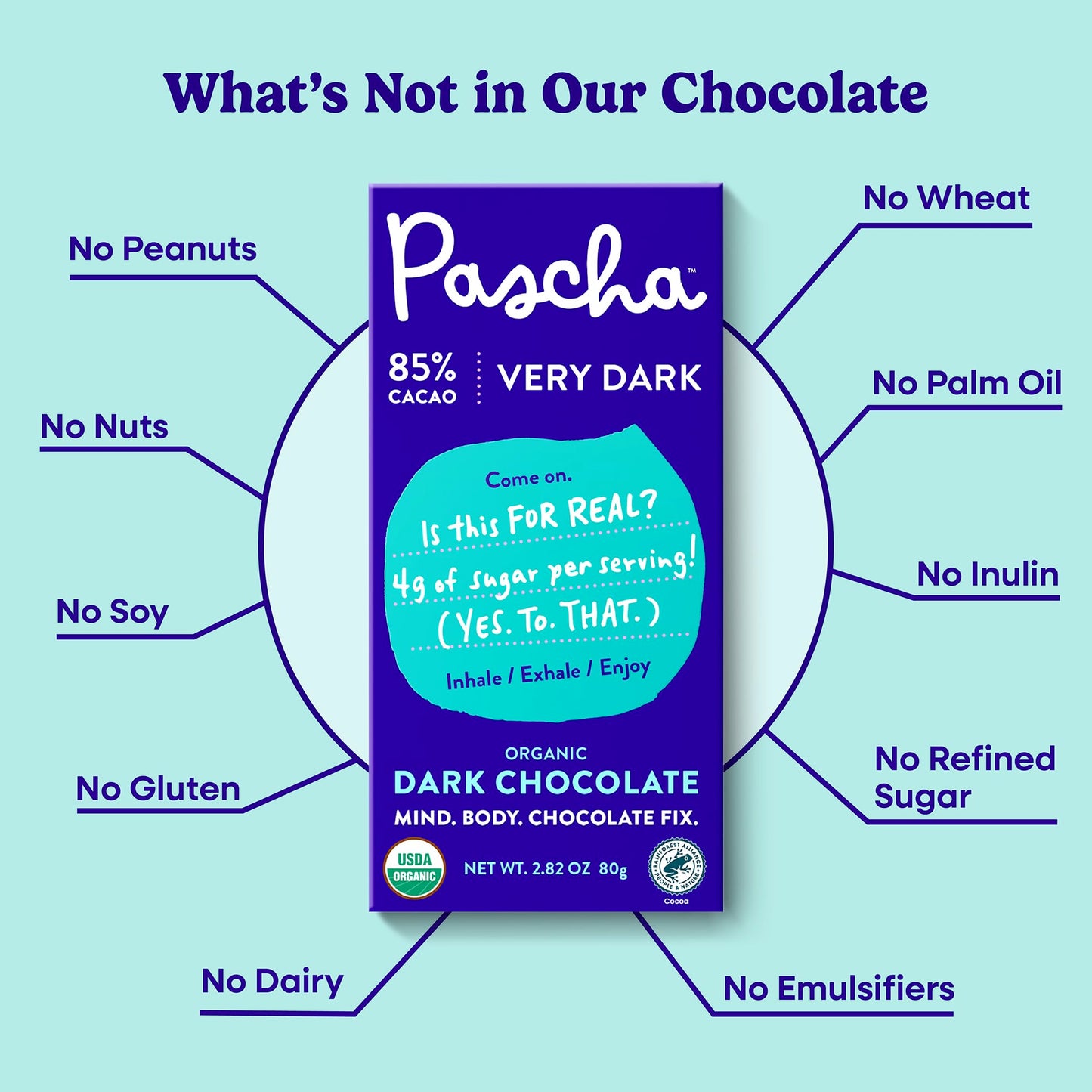 Pascha Dark Chocolate Organic 85% Cacao 2.82 oz (Pack of 10) - No Color, Model 1V-MU6V-LGDE, Plastic Packaging