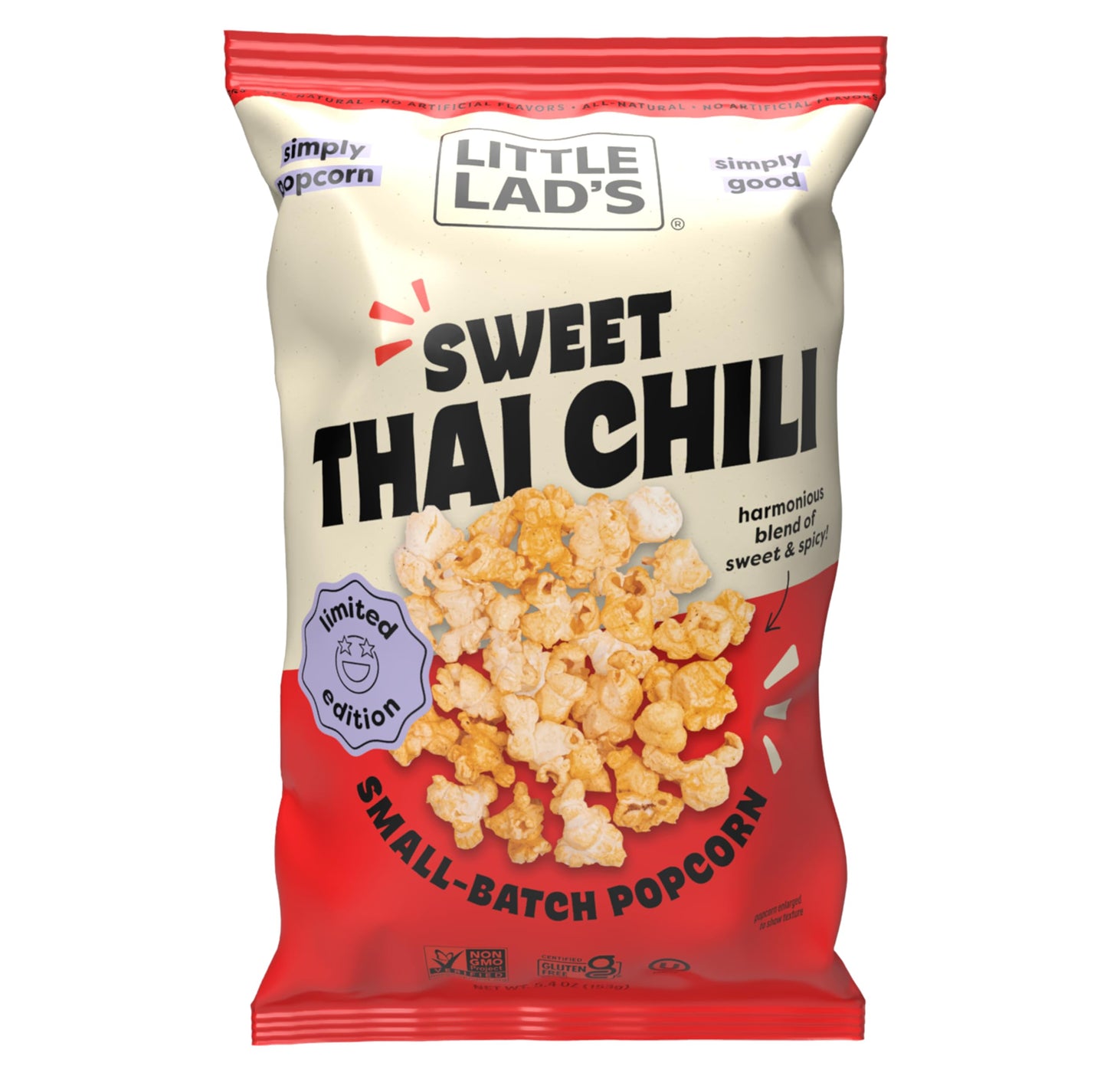 Little Lads Healthy Popcorn - Vegan, Gluten-Free, Non-GMO Popcorn with Sweet Thai Chili Flavor -5.4 Oz (Pack of 3) (5.4 Ounce (P